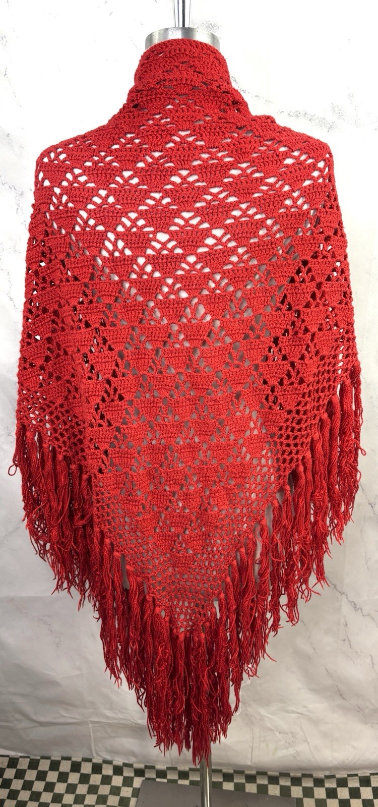Vintage 70s Crochet Knit Shawl Red Cape Wrap cottagecore Boho Hippie Festival