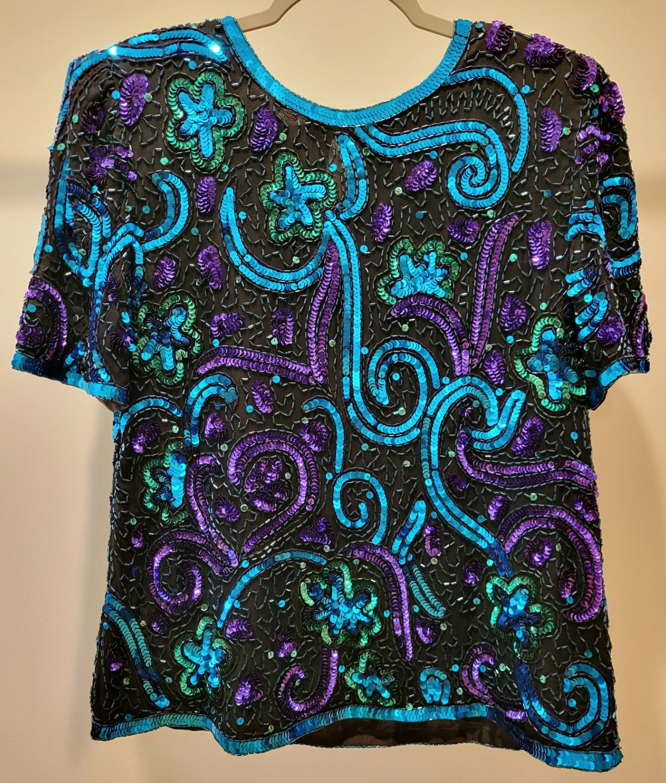 100% SILK Laurence Kazar Vintage Beaded/Sequined Embellished Blouse Blk/Blu PL