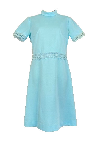 Vintage 1970s light blue short sleeve dress S below knee mock neck lace