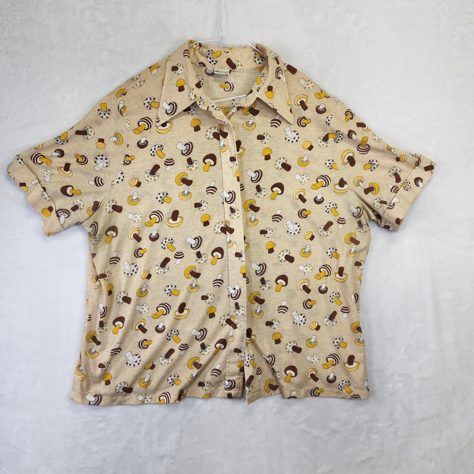 Vintage Lady Fairfield Mushroom Print Womens Button Up Shirt 60s 70s Novelty XL