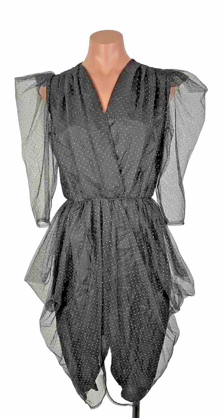 Vintage 80s Tulip Hem Black Glitter Dress Puffy Sleeve Party Prom Cocktail S/M