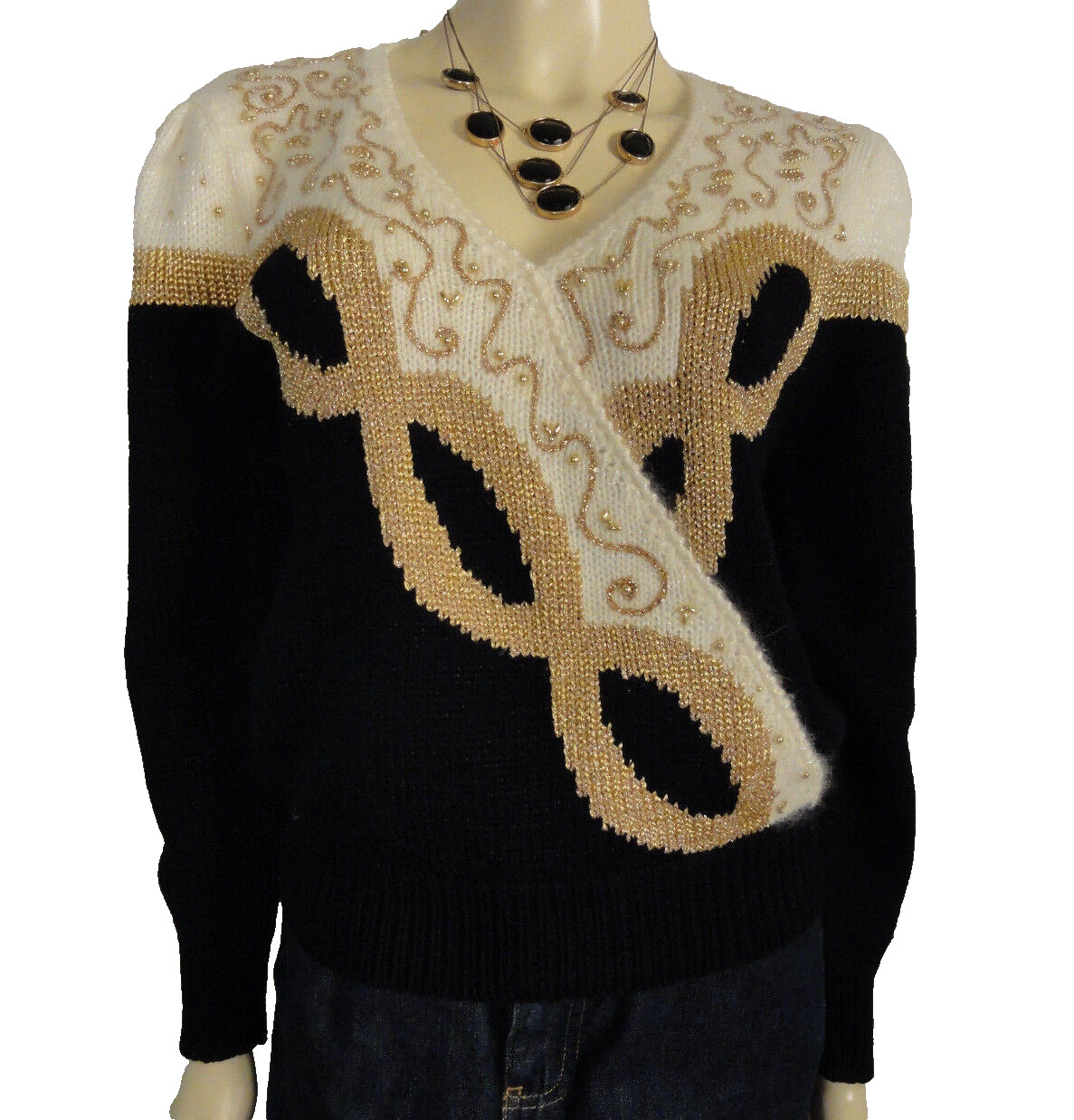 DANA SCOTT Vintage black, gold and white sweater with gold beading size Medium