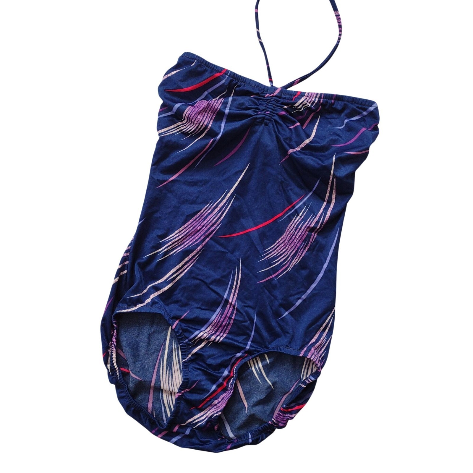 Vtg 70s Halter Swimsuit S/M Navy Print Glam Disco One Piece Rose Marie Reid