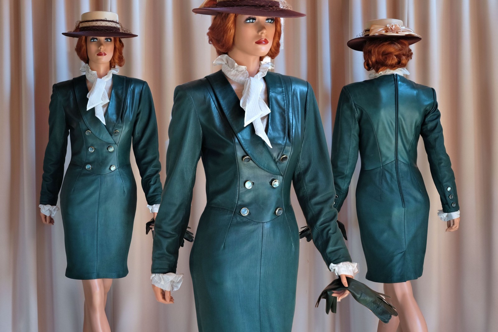 Elegant Vintage North Beach Brand Leather Dress in Green