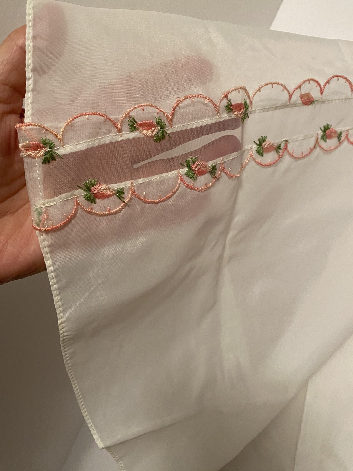 Vintage Kleinert’s White Crepe Bed Cape Pink Floral Embroidery Scalloped Edges