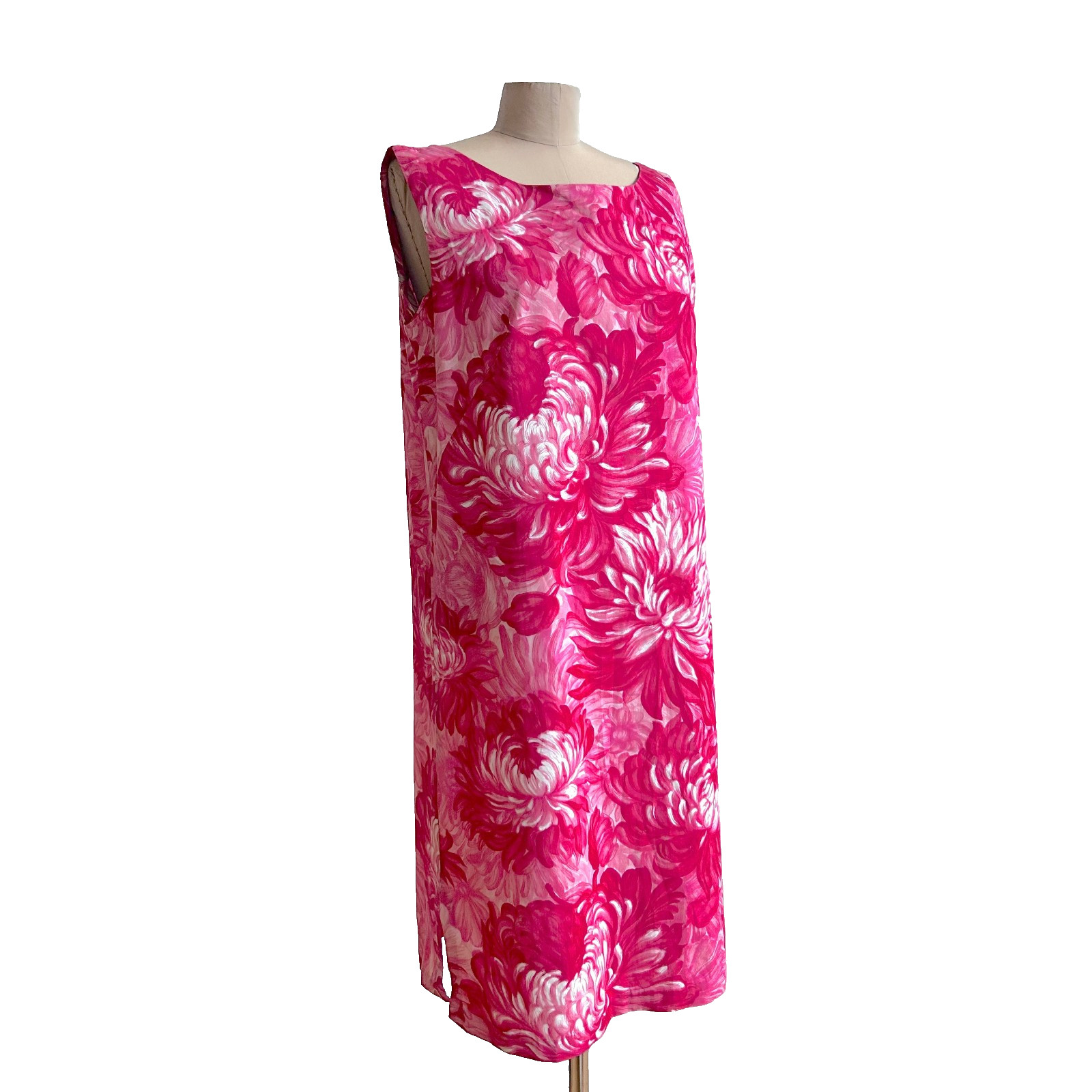 Vintage 1960s Peony Print Pink Hawaiian Vibe Floral Shift Summer Dress sz M L