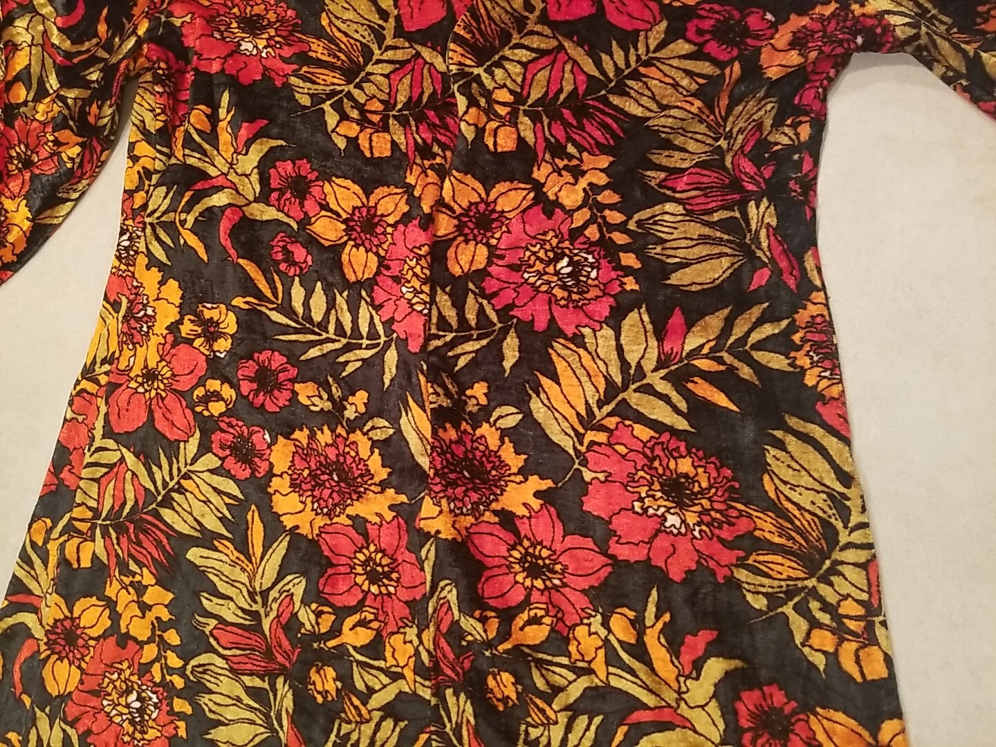 Vintage 1970s Handmade Mini Dress Orange Red Floral Design Zipper Closure Velvet