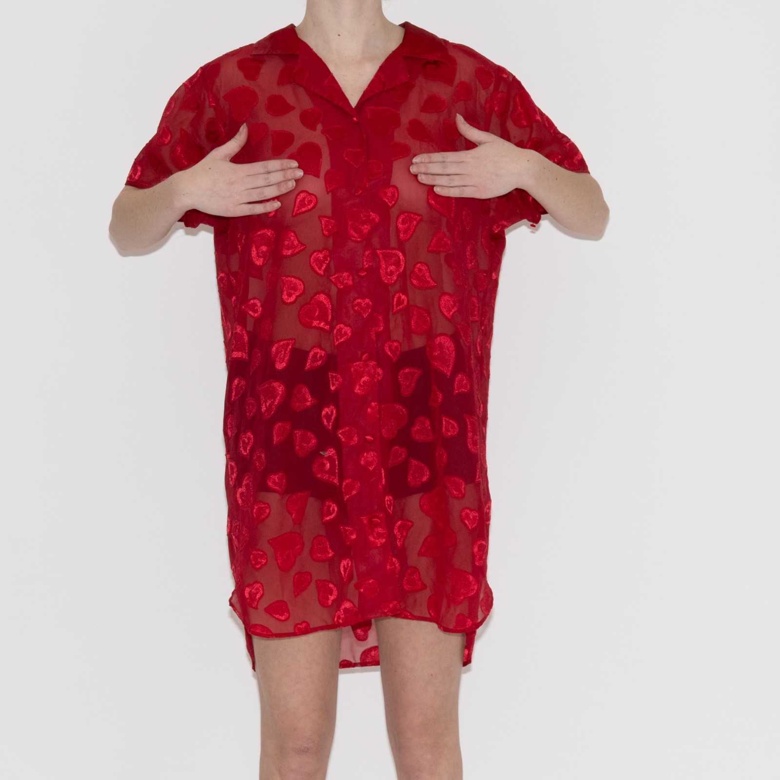Vintage red button up mesh nightgown heart print size large sophia by delicates