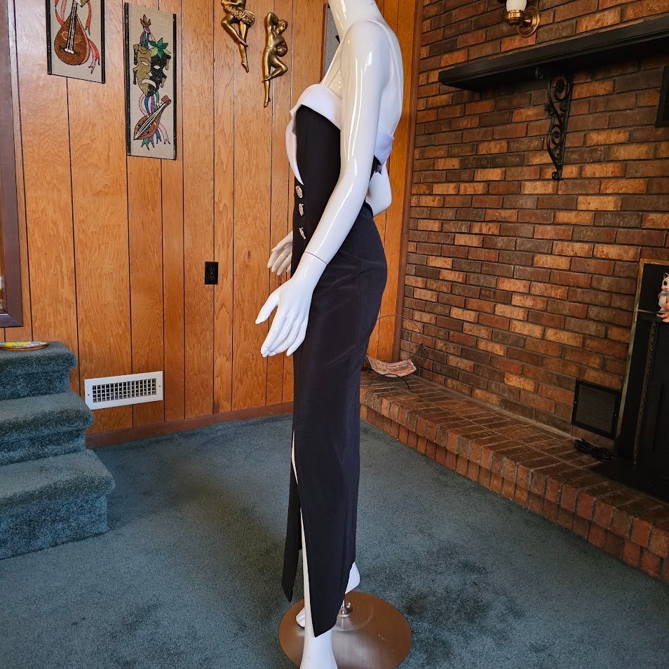 Vtg 90s Cache Tuxedo Plunging Evening Cocktail Party High Slit Wiggle Dress S/M