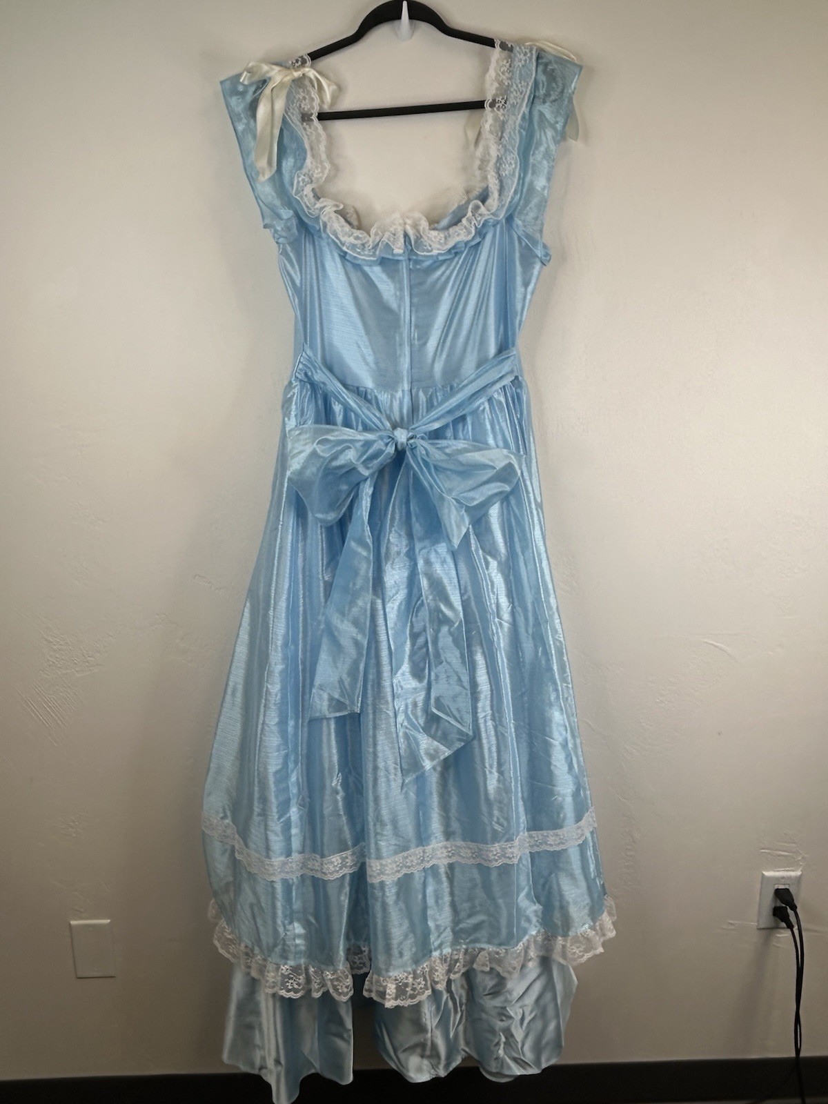 Vintage 70s Formal Blue Satin Gown Lace Trim Bows Princess Theatrical Costume