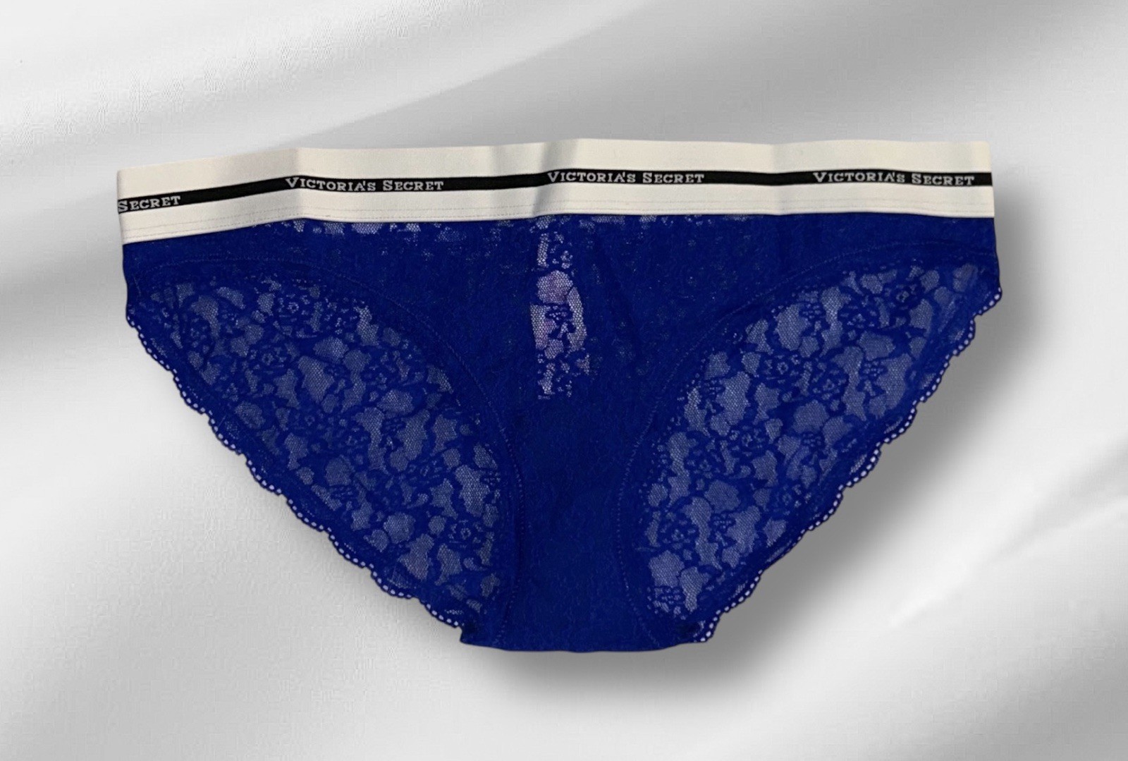 Victoria’s Secret Low Rise Bikini Blue Sheer Lace Logo Band Panties M NWT