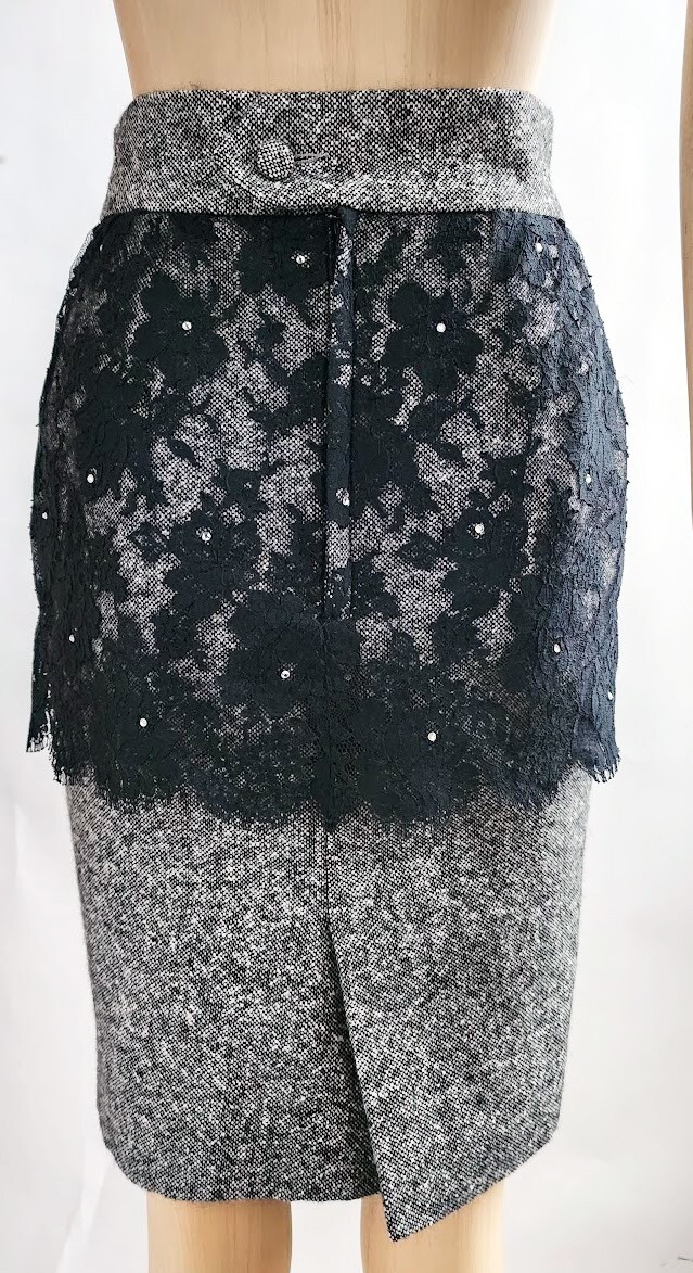 VTG Patrick Kelly Paris F/W 1989 Lace & Wool Tweed Runway Skirt