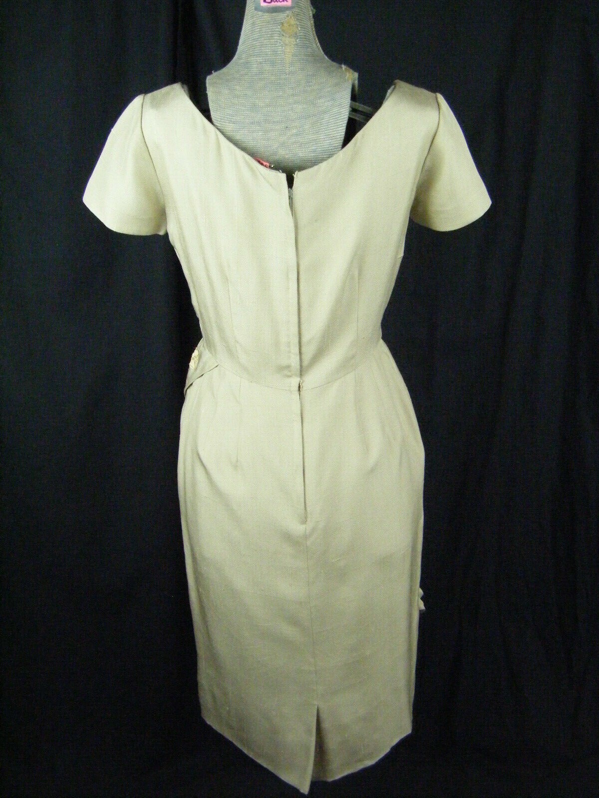 Vtg 50-60s Beige Silk Floral Patched Bow Tulip Wrapped Dress-Bust 38/S, AS-IS
