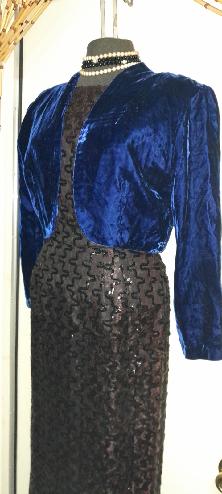 Vtg 30s 40s Style 80s 90s Deco Blue Crushed Mini Velvet Cropped Bolero Jacket M