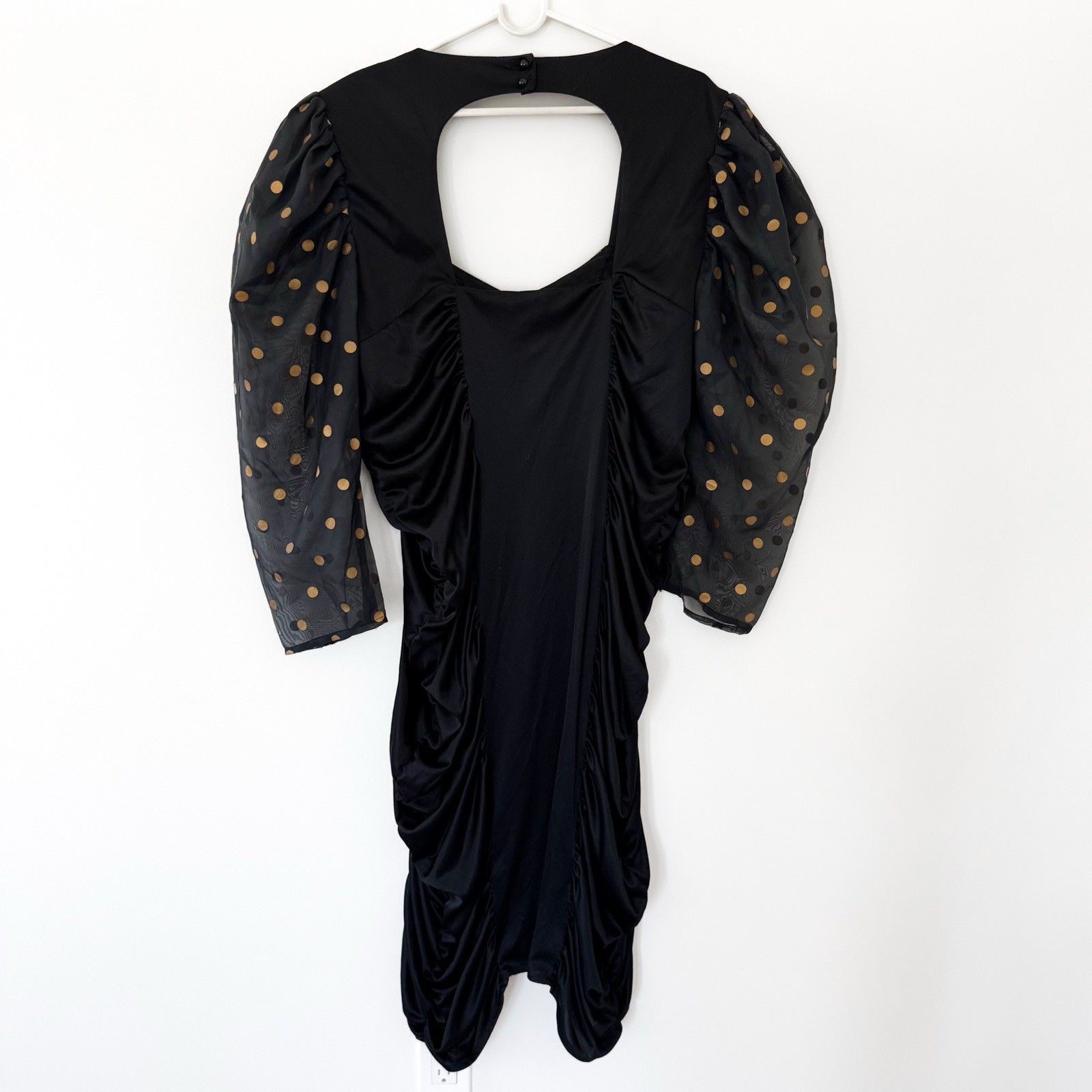 Mayvens of California 1980s Vintage Black and Gold Polka Dot Formal Party Dress