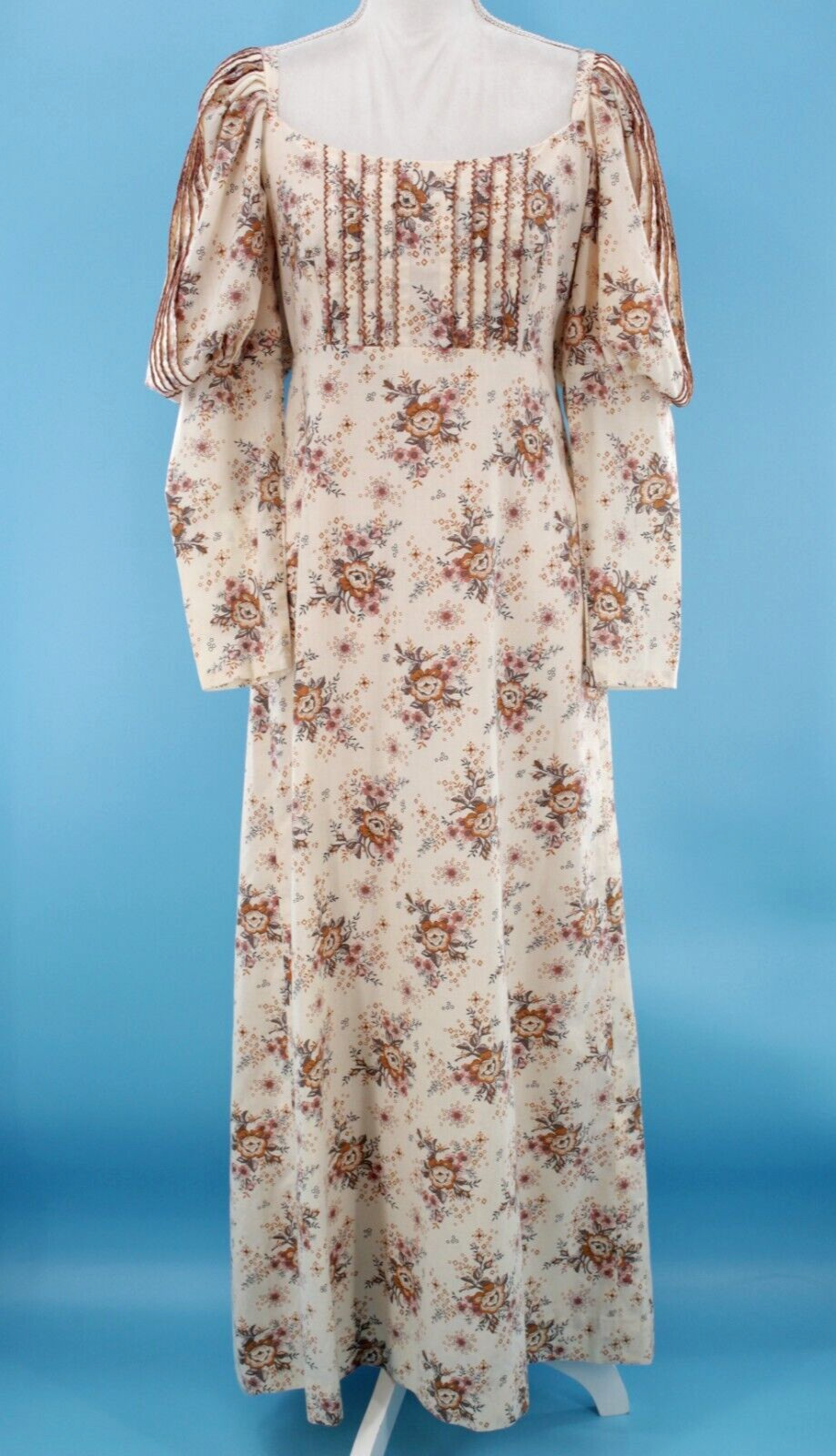 Vtg Women’s 70s Cream & Brown Floral Prairie Maxi Dress XS/S 1970s Cotton Quad