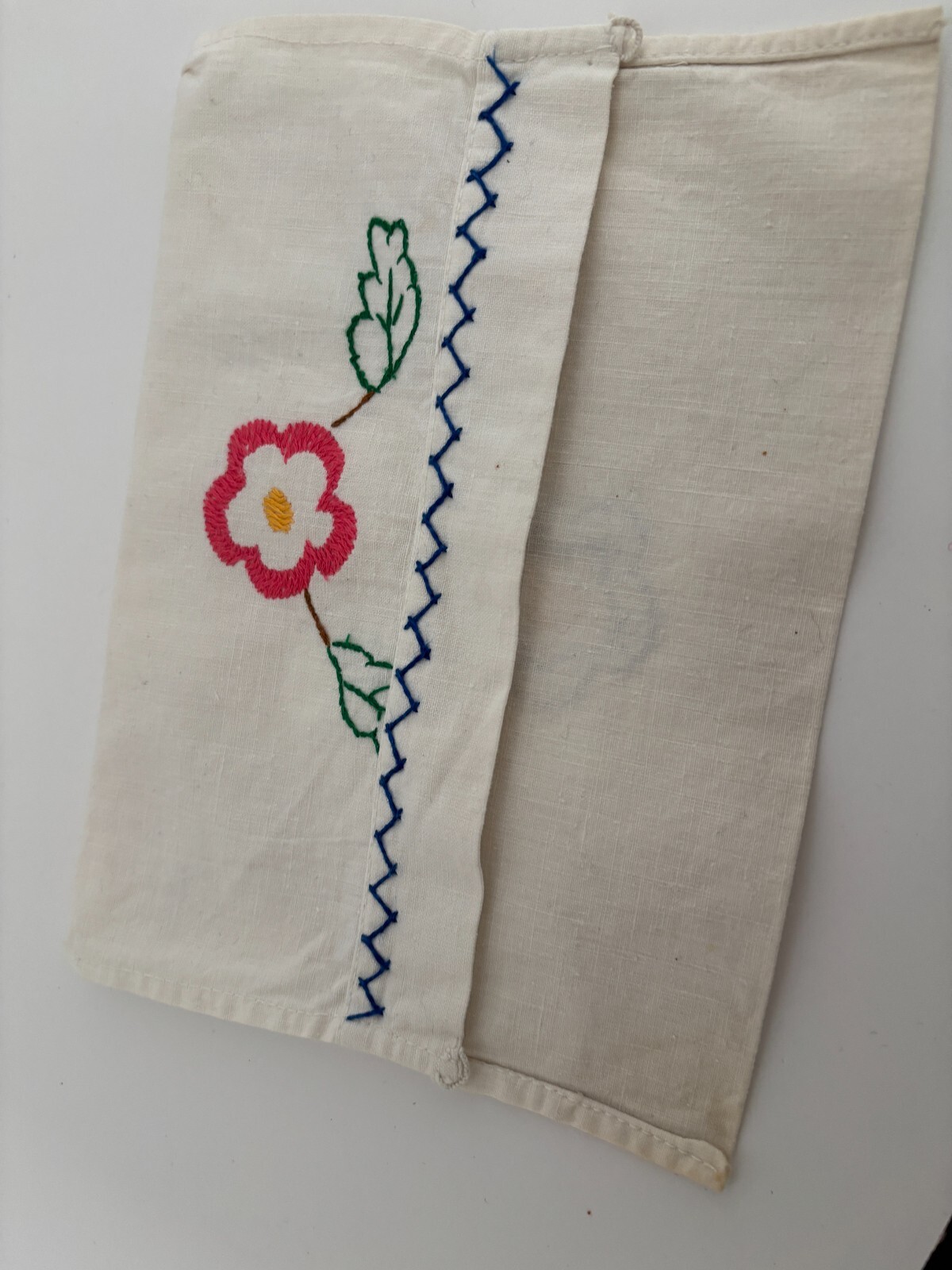 Vtg Pink Blue Embroidered Floral Hanky Hosiery LINGERIE CASE Cotton WALL POCKET