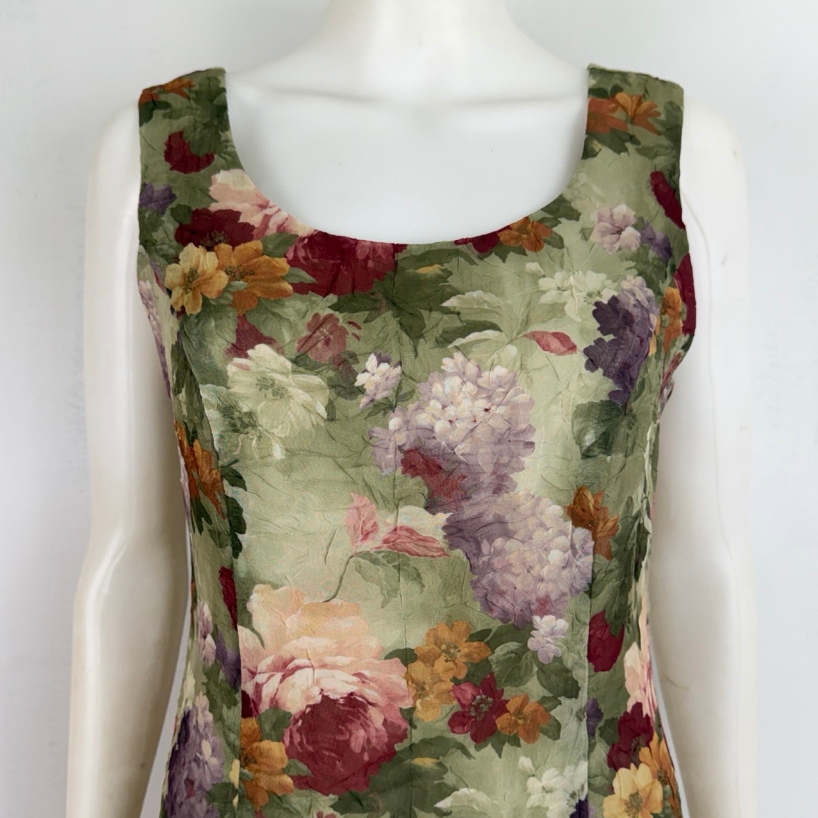 Vintage Floral Print Maxi Dress Size Small Sleeveless Crinkled Botanical Garden