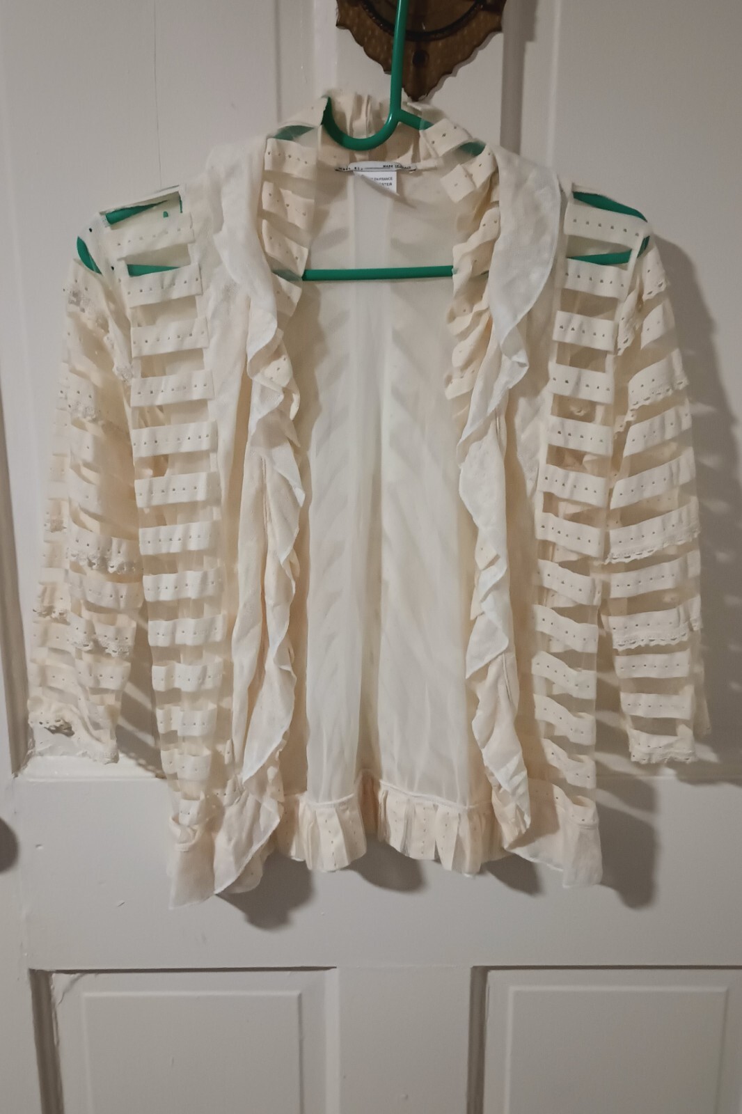Vtg SEL Paris Cream Sheer Avant Garde Boho Art Ruffle Crochet Mesh Jacket Top S