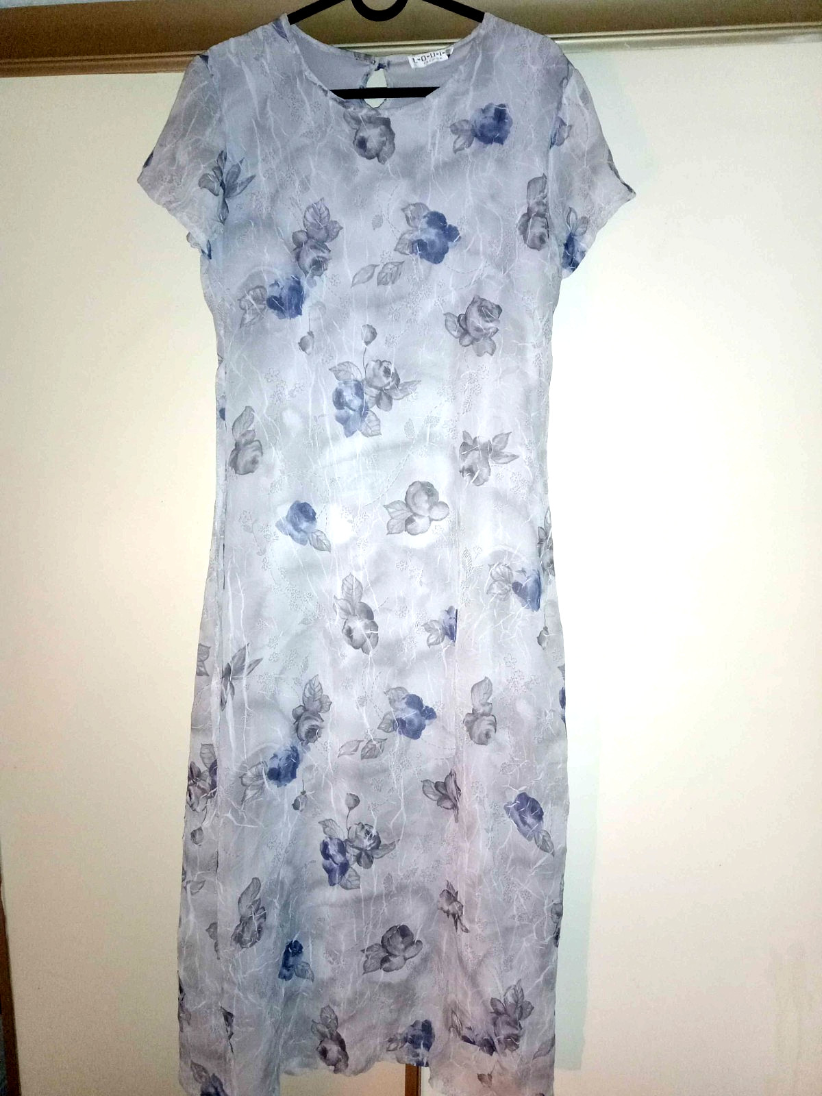 Vintage Grey and Blue Hazy Flower Dress – 90s, Medium
