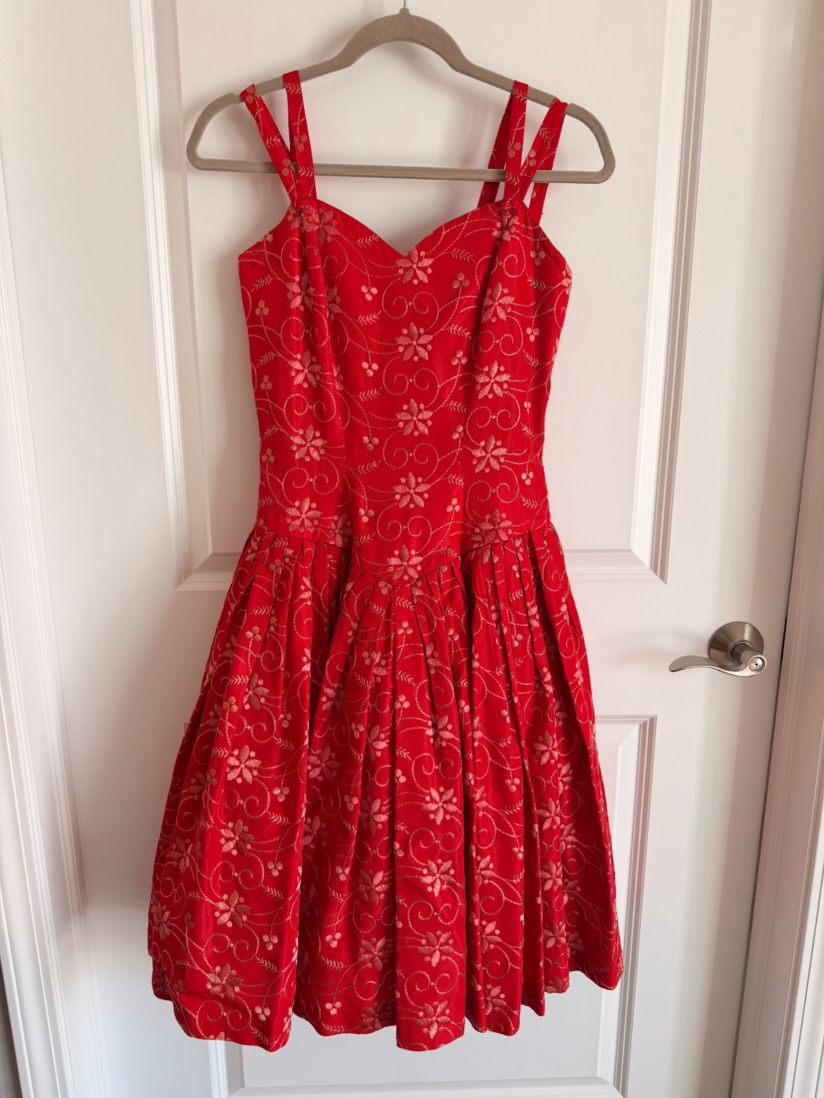 Vintage 1950s Suzy Perette Red Embroidered Drop Waist Dress AND Jacket NEW YORK