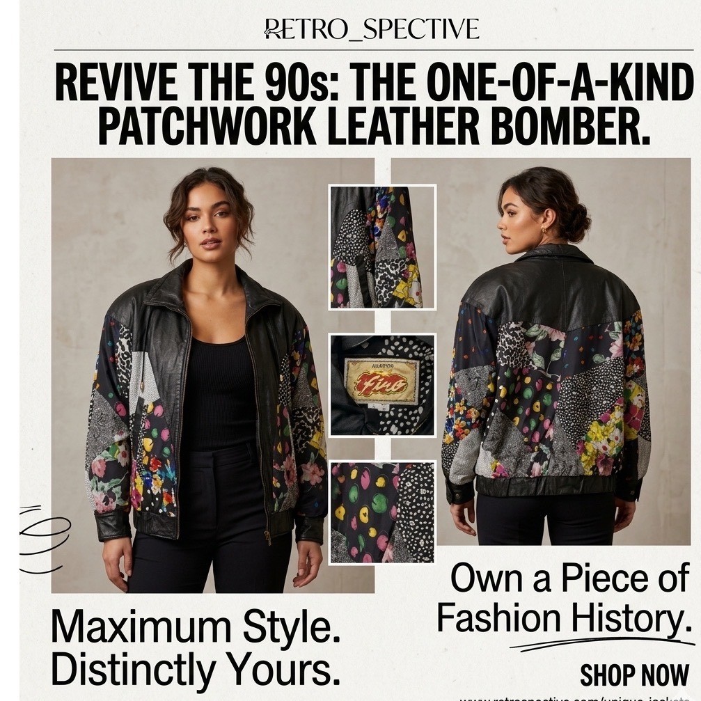 Avanti Fino Vintage 90s Patchwork Leather Bomber Jacket Floral Animal Print- S