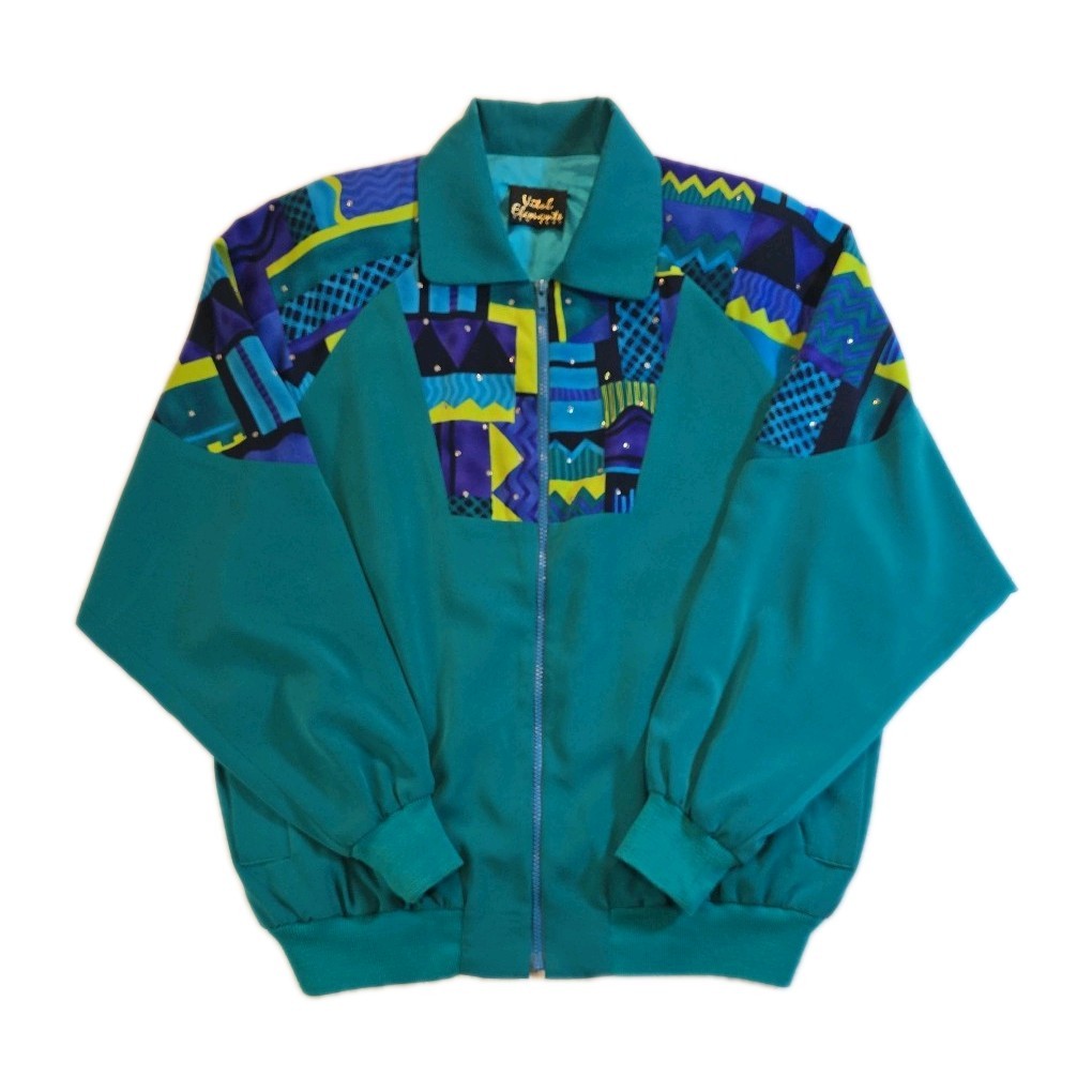 Vintage Vital Elements Abstract Teal Bomber Jacket With Rhinestones