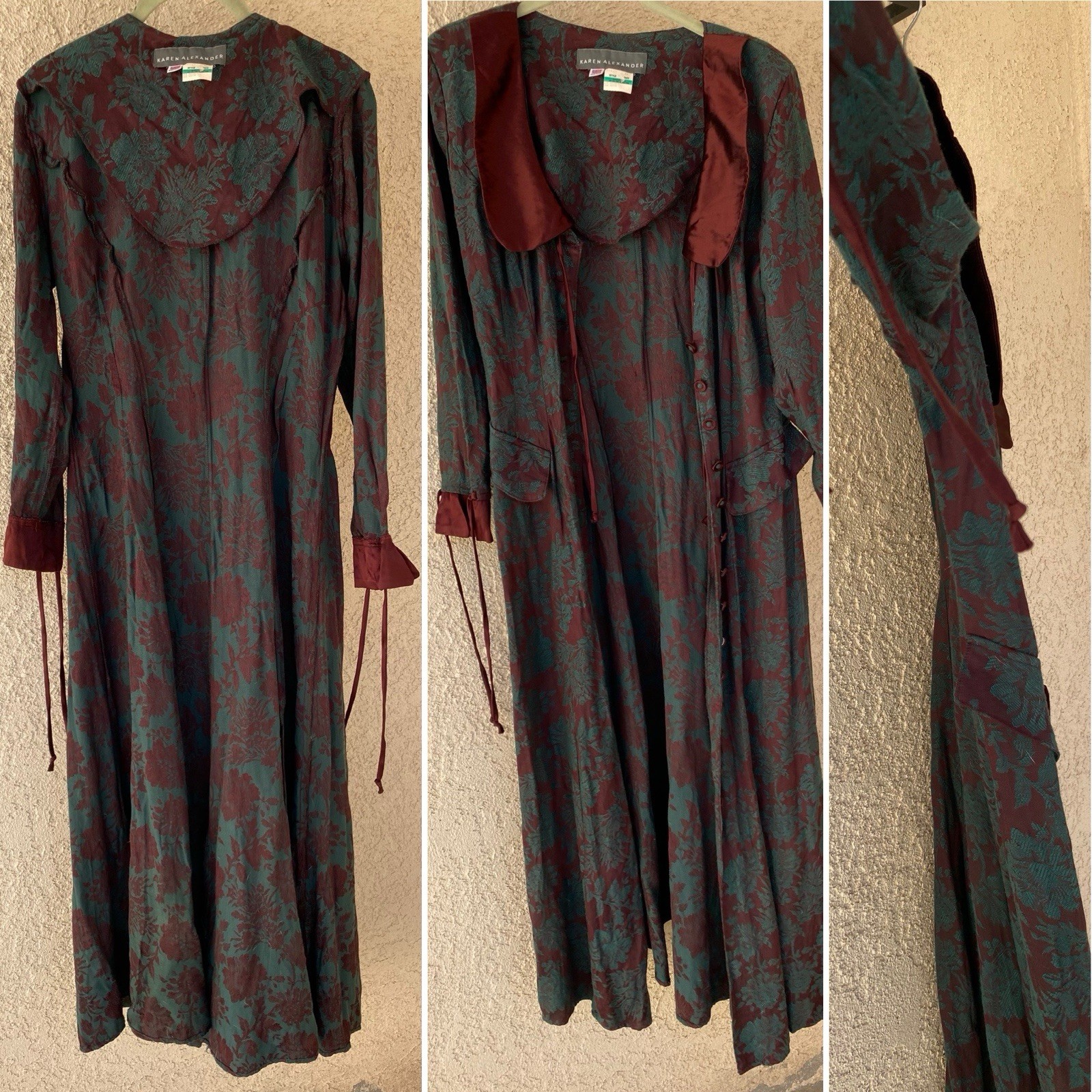 Vintage 80s 90s Karen Alexander Floral Jacquard Maxi Dress Burgundy Green USA 8