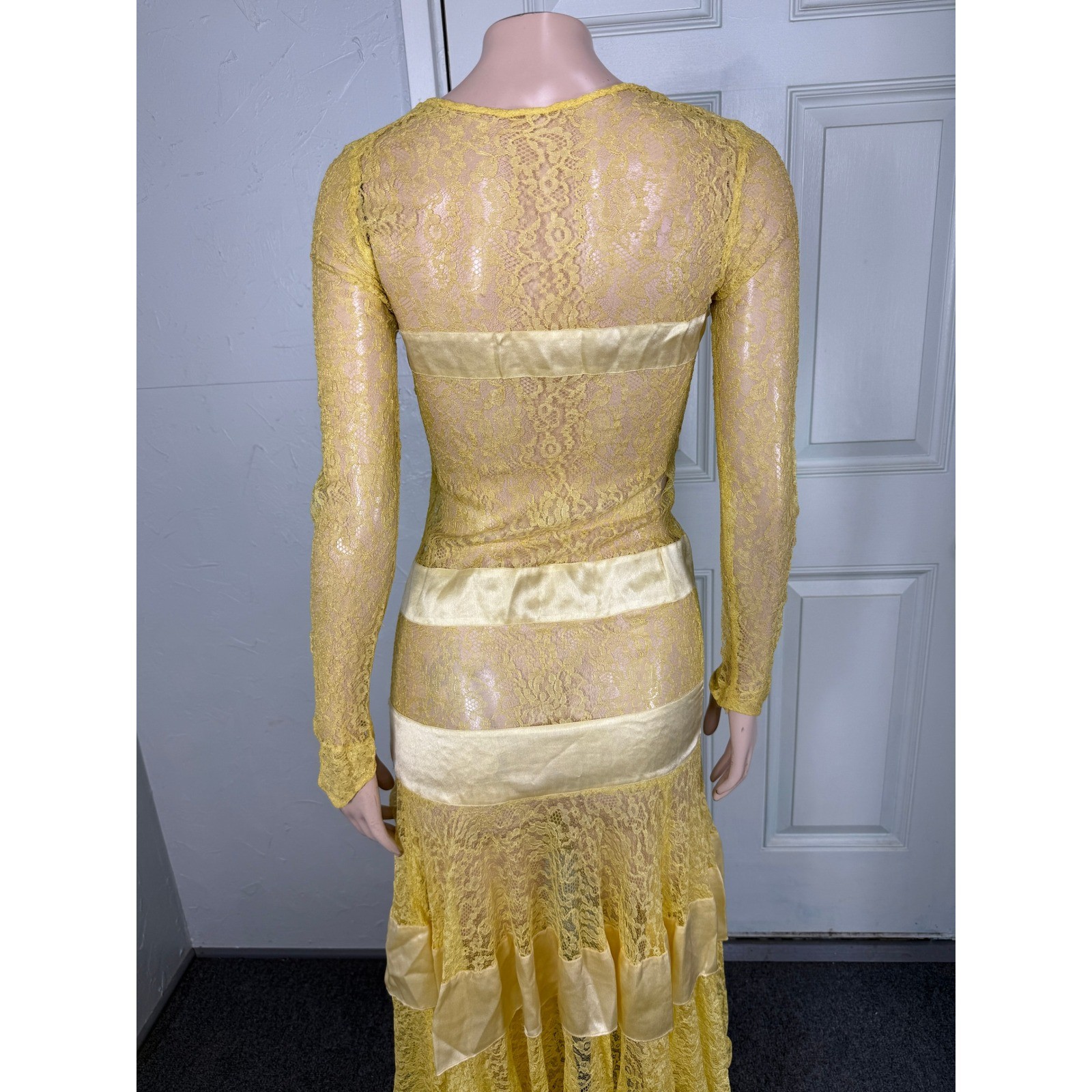 Vintage 1930s Silk Lace Dress Floral Sheer Maxi Long Sleeve Tiered Pullover N21