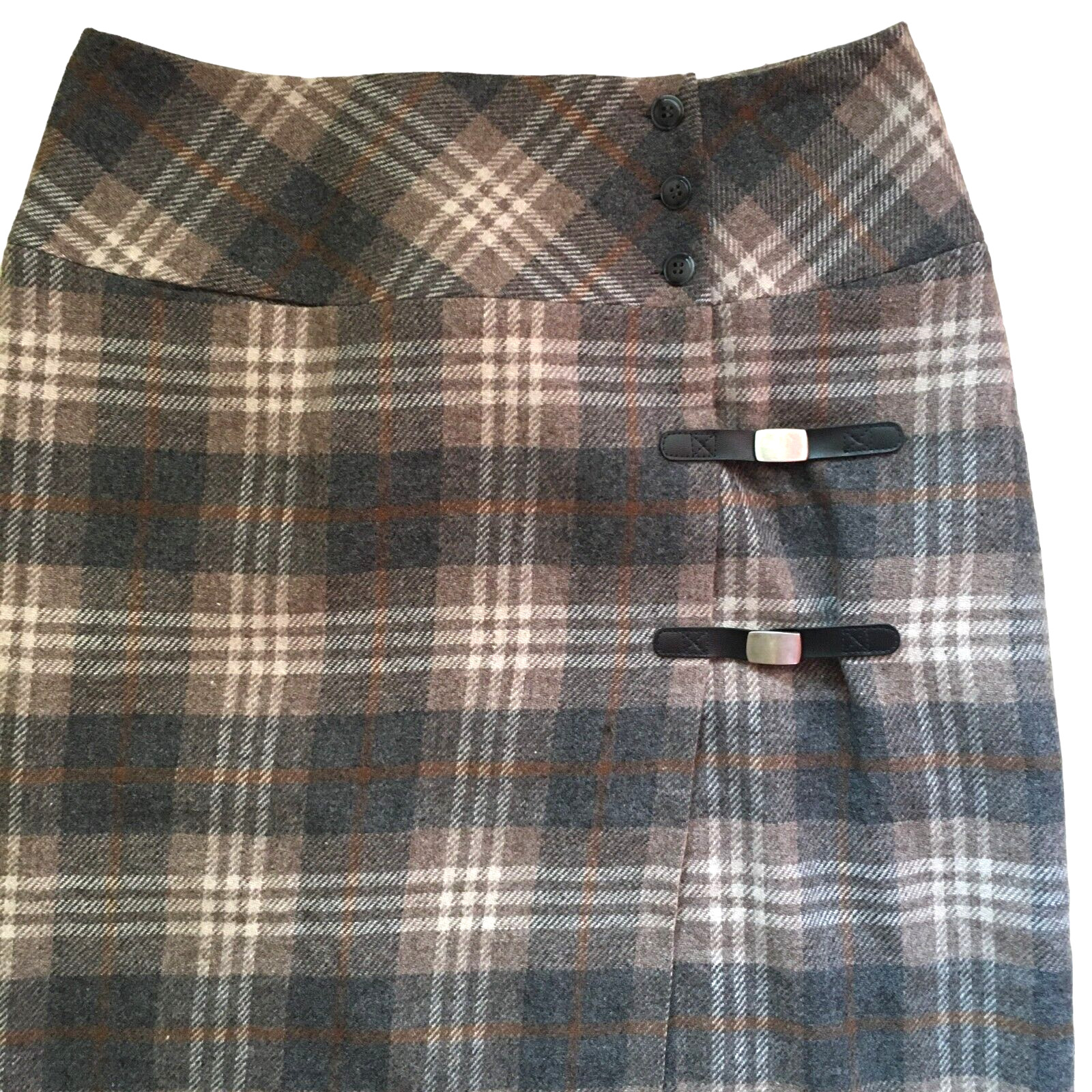 Vintage 80’s David N. Sz. 8 Womens Midi Wrap Skirt Plaid Fringe Wool Blend Lined