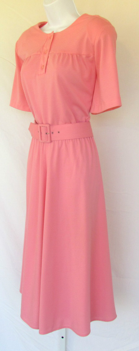 VINTAGE 1960s 70s DRESS ALICIA PINK BELT PADDED SHOULDERS 39″ BUST