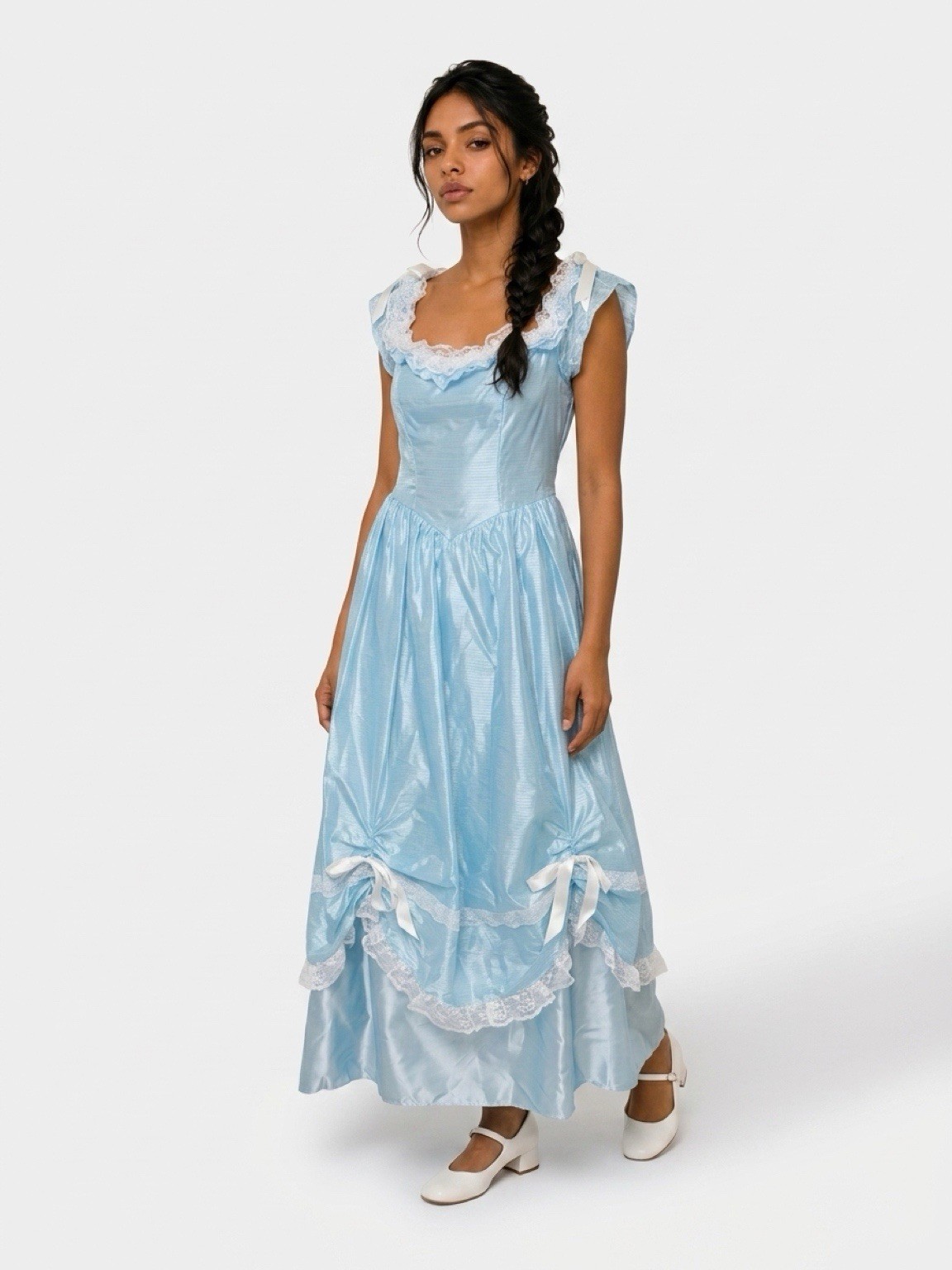 Vintage 70s Formal Blue Satin Gown Lace Trim Bows Princess Theatrical Costume