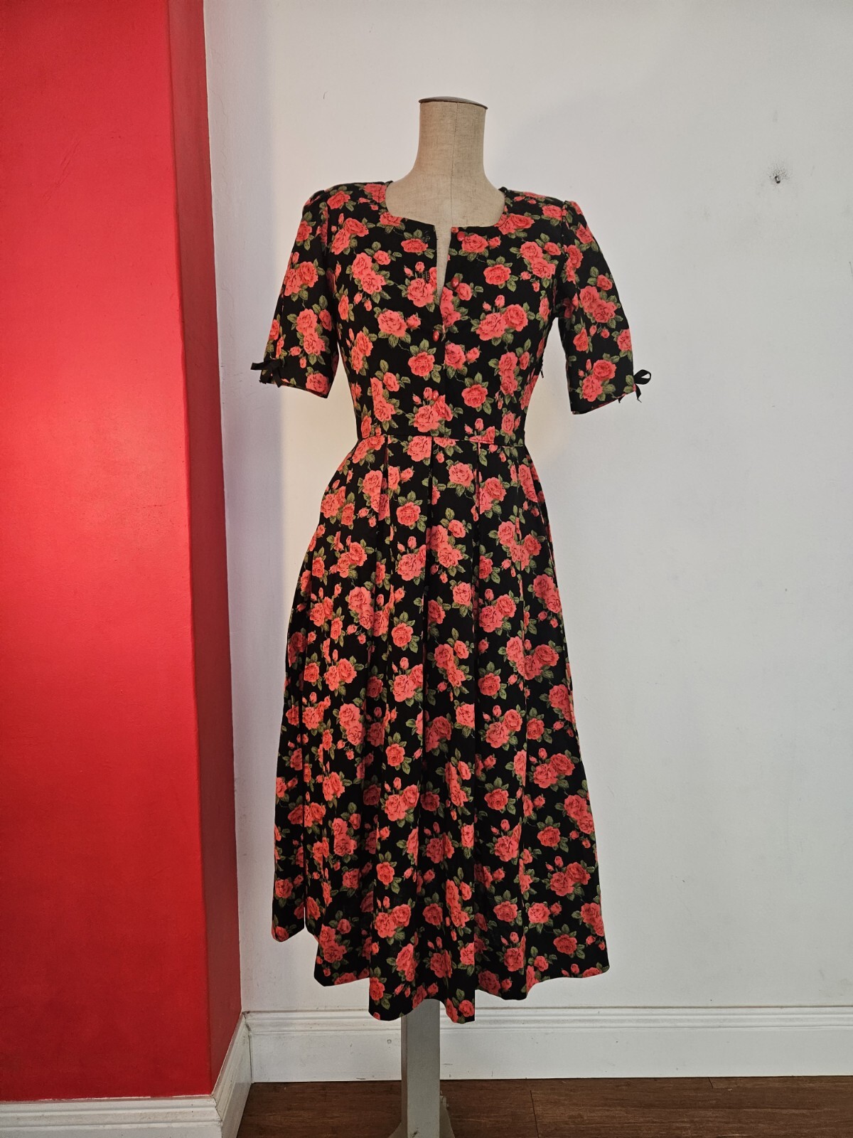 Vintage Original 50s Mid Century Dress Swing Pinup Rockabilly Red Roses Sz XS-S