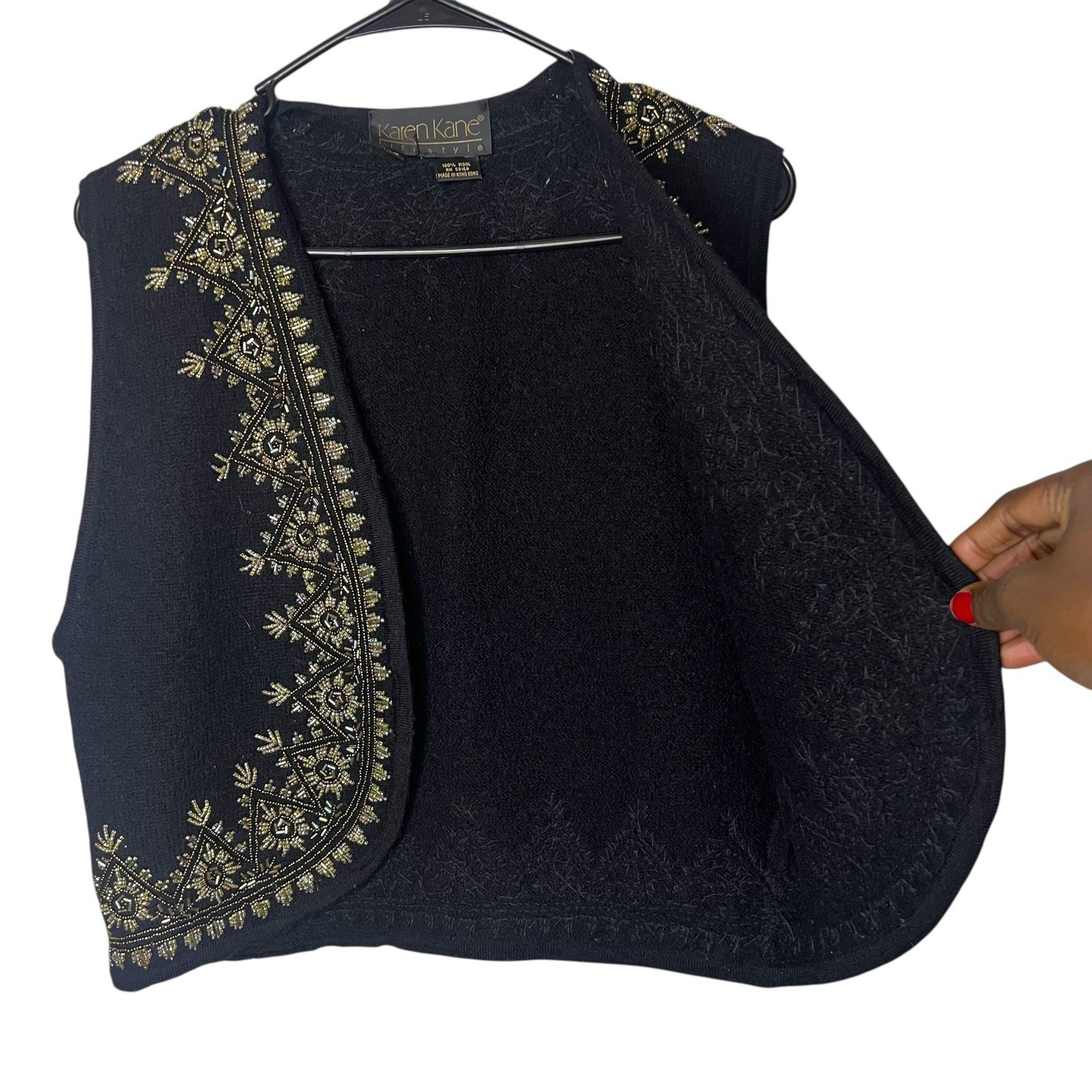 Black Wool Women Vintage Vest w/ Bronze & Silver Embroidered Beading