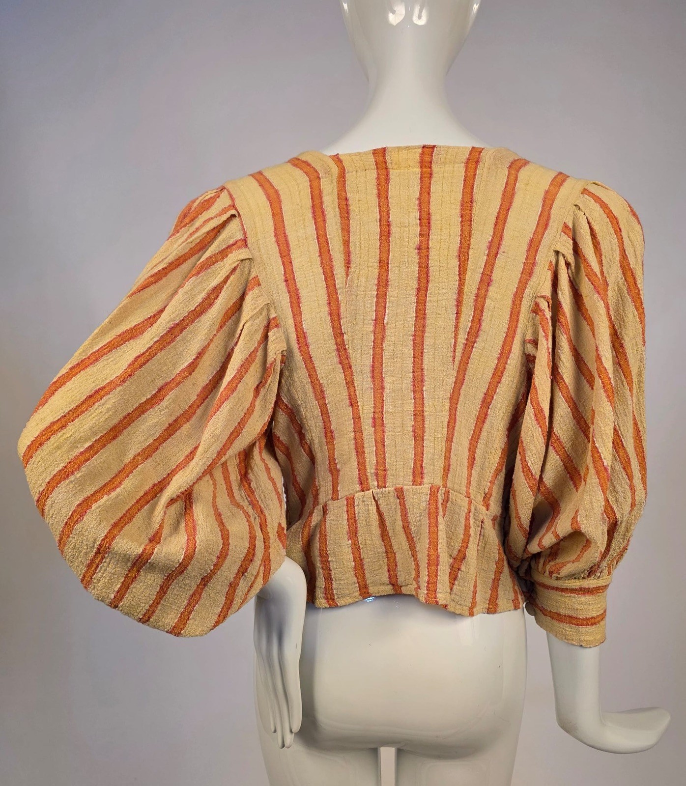 VINTAGE 1970’S STRIPED MUSLIN BLOUSE W PUFF FULL PUFF SLEEVES