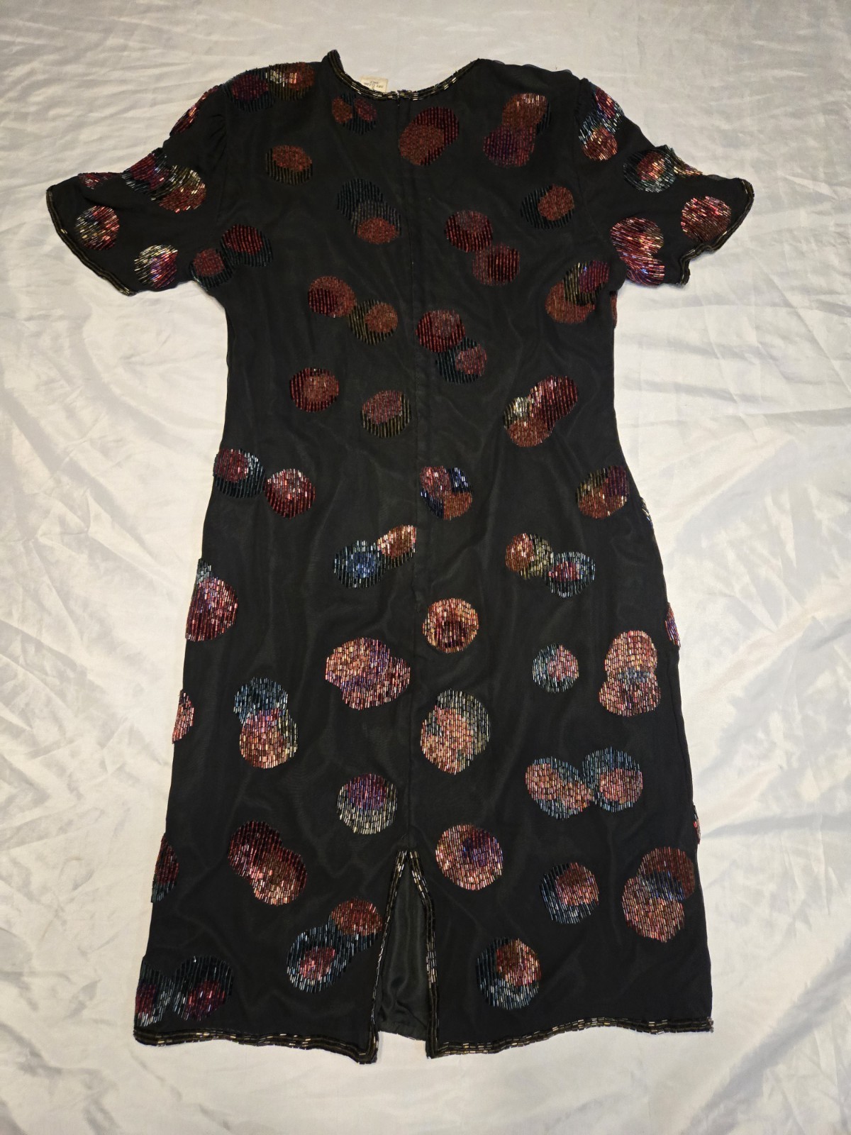 Laurence Kazar Vtg 100%silk Beaded Rayon Lined Black Dress Colorful Beads Short