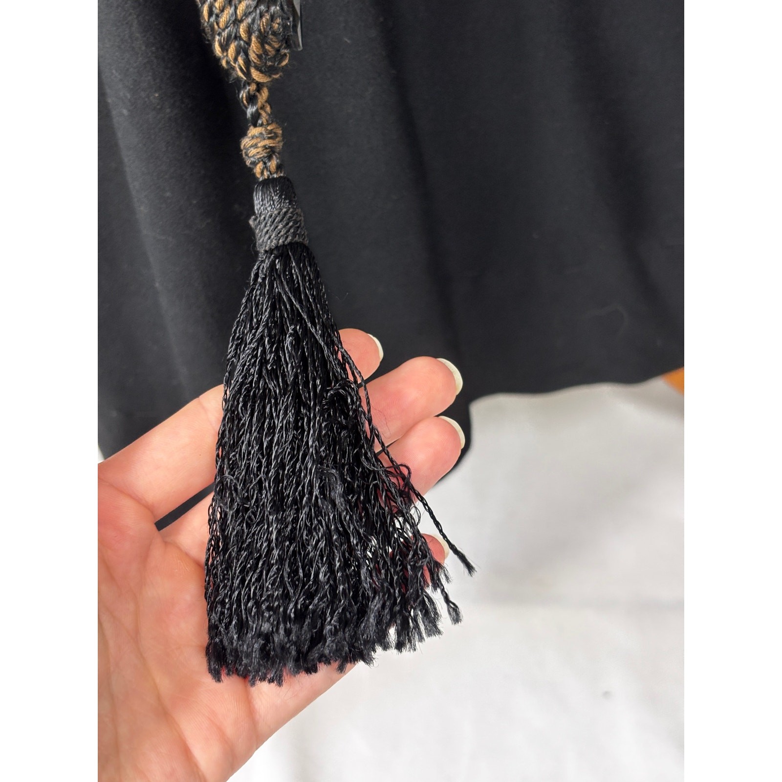Antique Edwardian Black Wool Mourning Walking Skirt Jet Beads Tassels Tiered