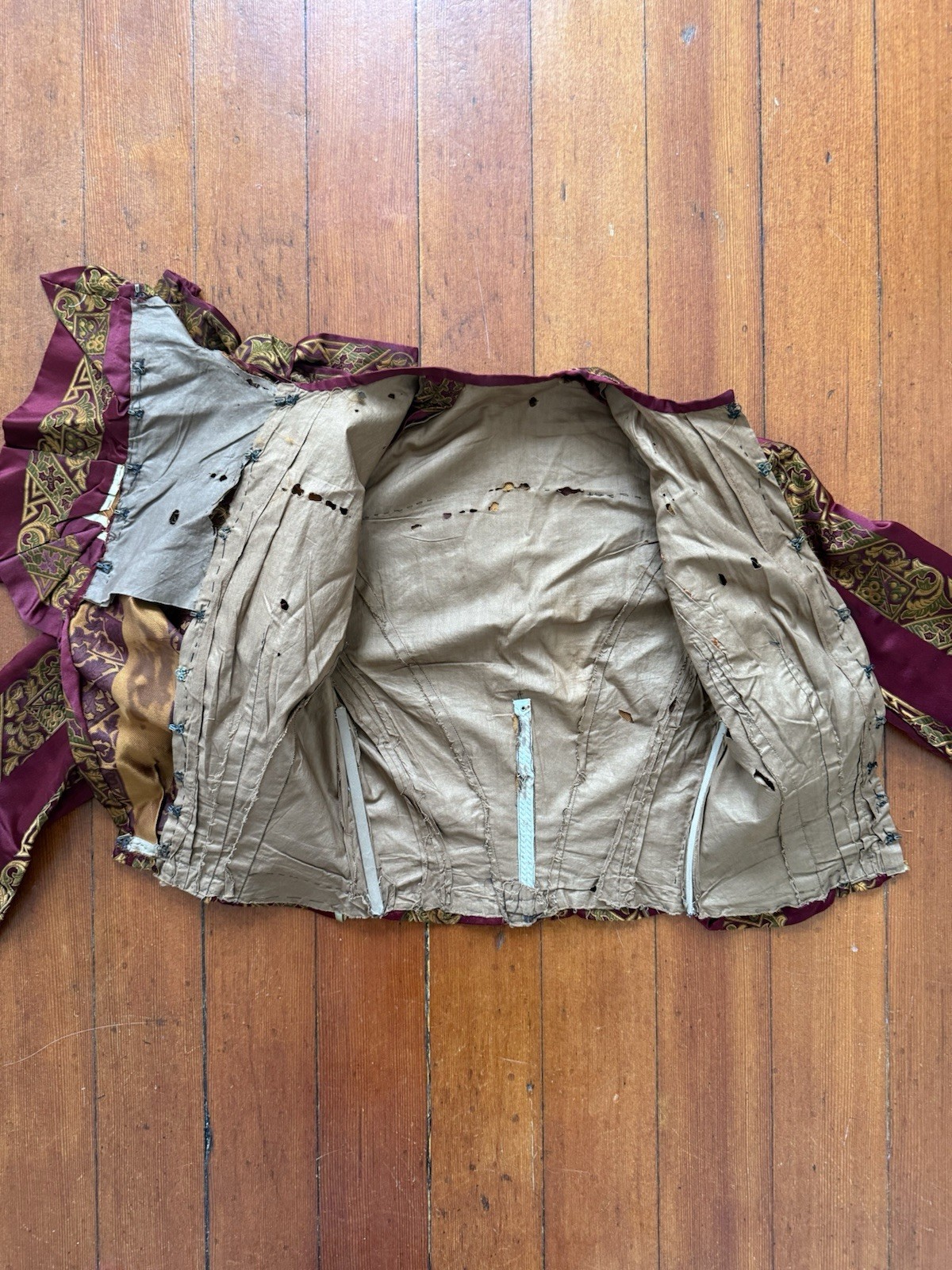 Antique Victorian Brocade Silk Satin Bodice Jewel Toned Boning 1800s XXS/XS