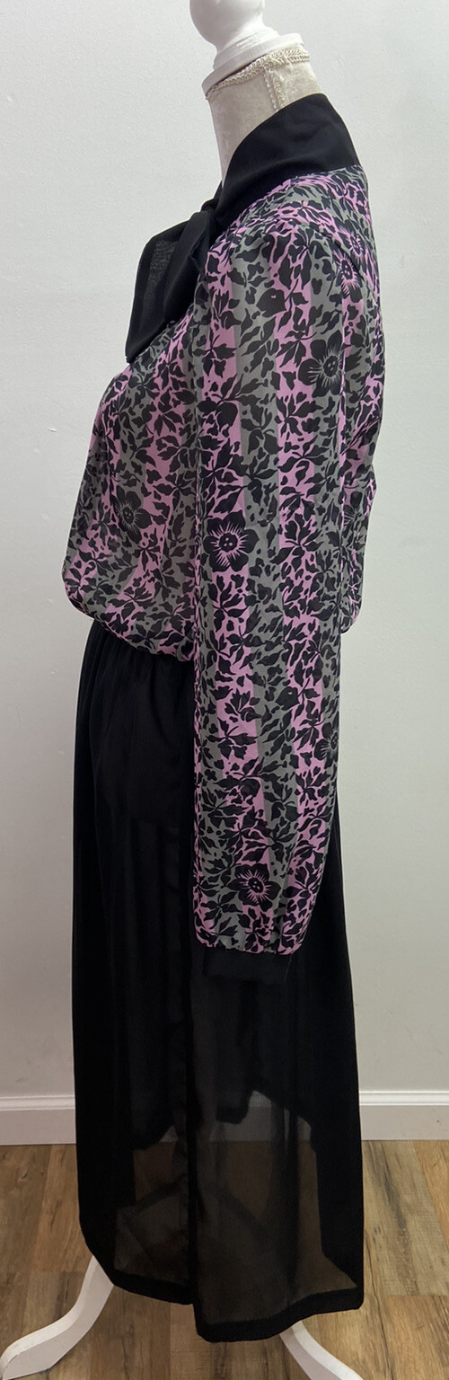 Vintage 60s Sheer Black and Purple Floral Blouson Tie Neck Dress Women’s Size 12
