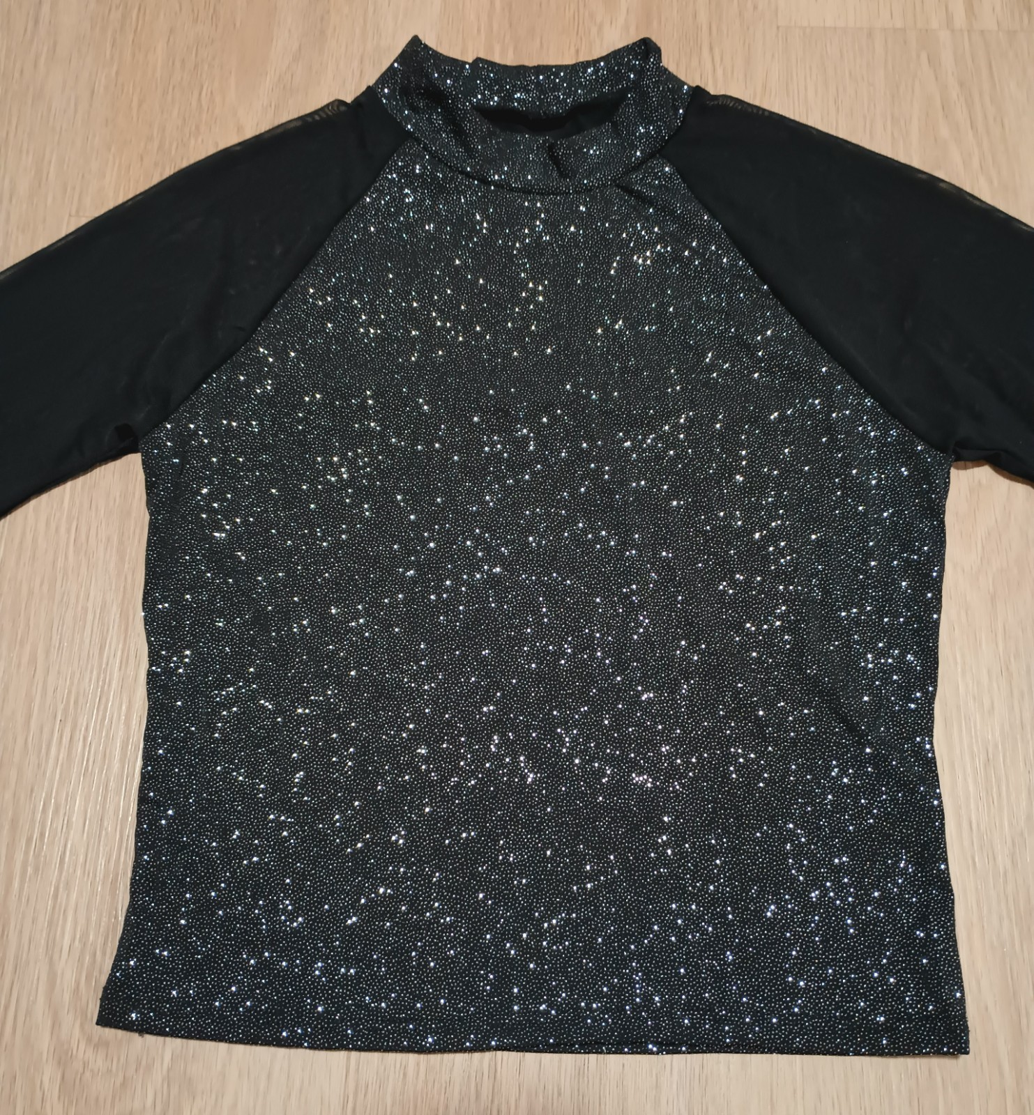 Vtg 80s Stretchy Silver Metallic Glitter Sparkly Sheer Mesh Sleeve Crop Top XS