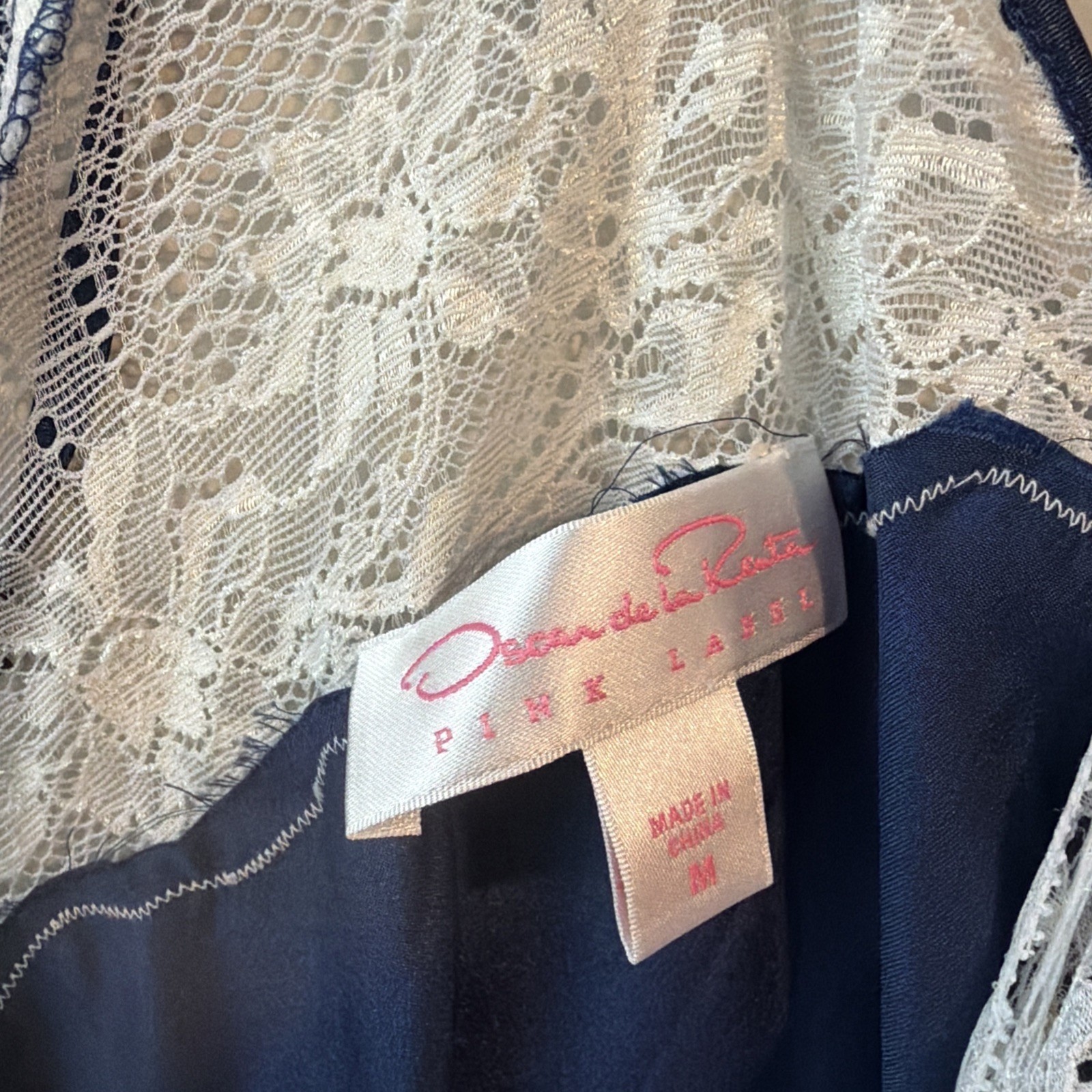 Vintage Oscar de la Renta Pink Label Navy Satin Lace Slip Dress Y2k M dainty