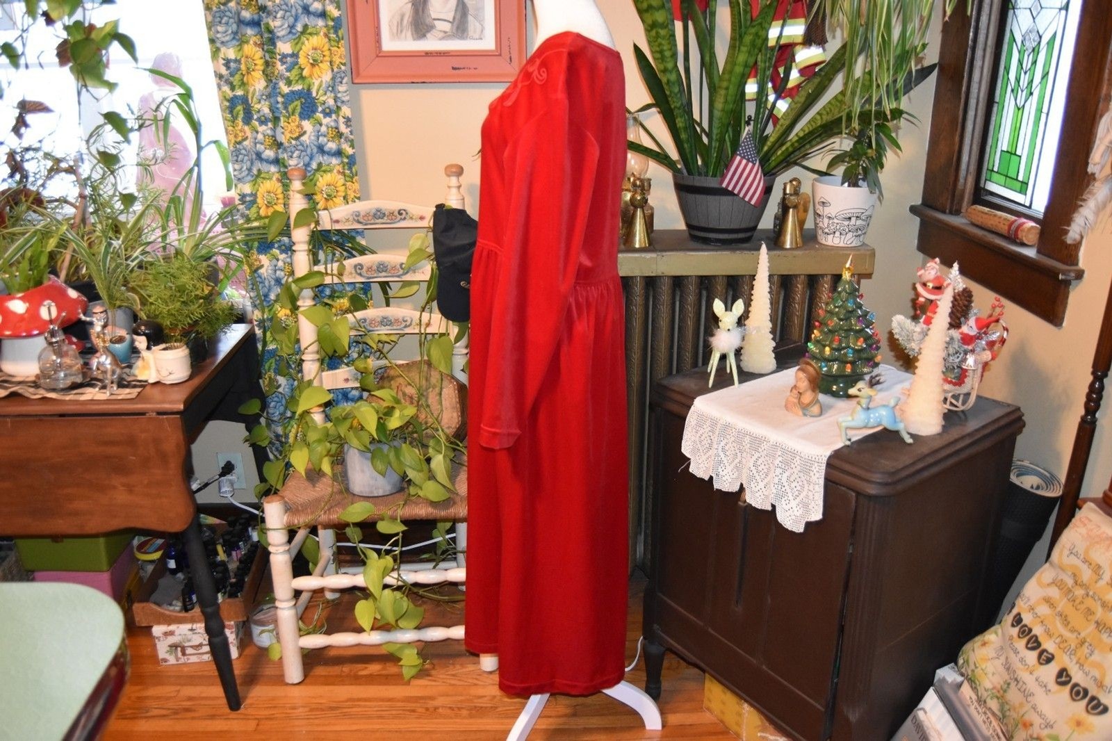Vintage 90s Studio Ease Red Velvet Long Sleeve Empire Waist Dress Size Large