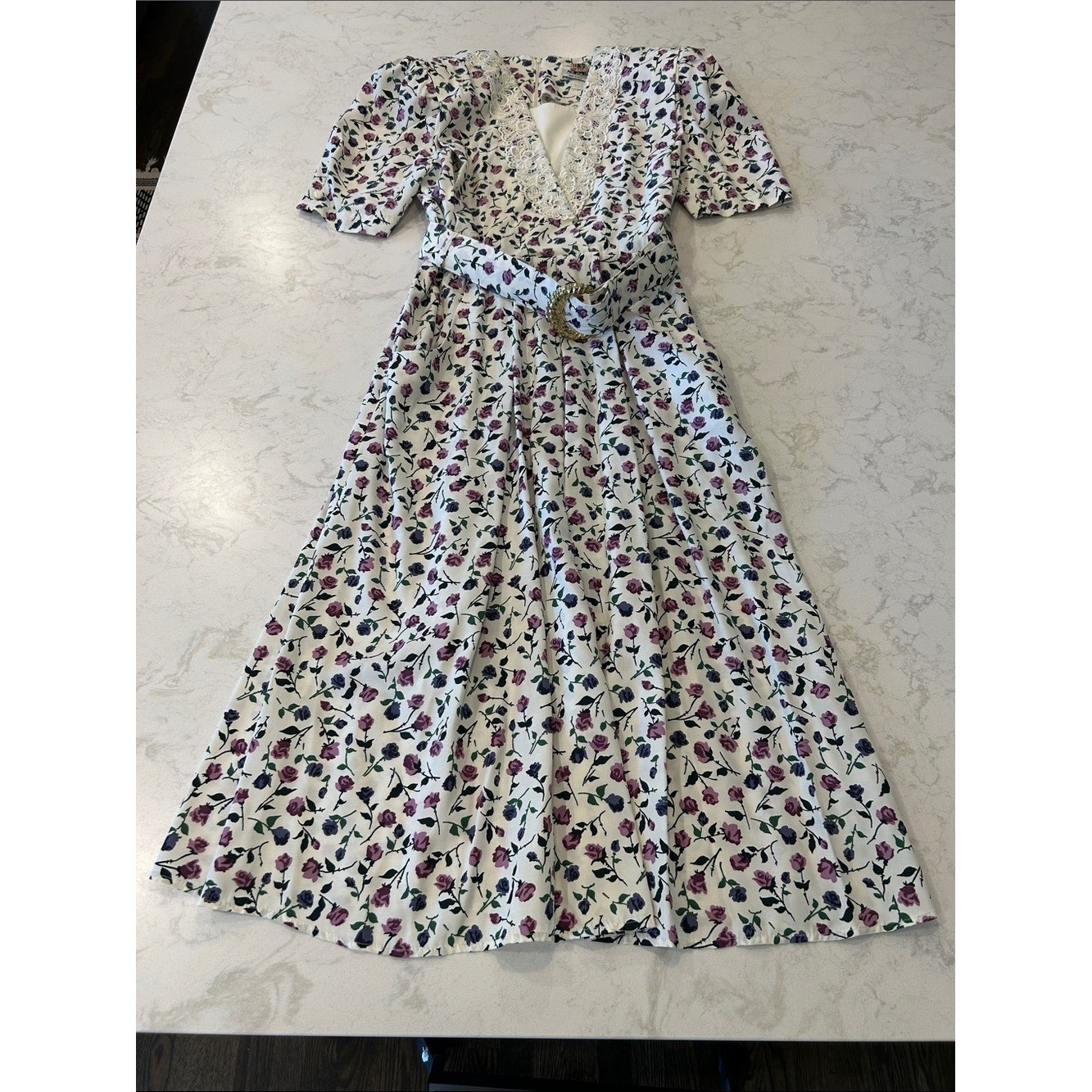 Vintage Floral Maxi Dress Cottagecore Romantic Prairie Lace Trim Belted Dress 14