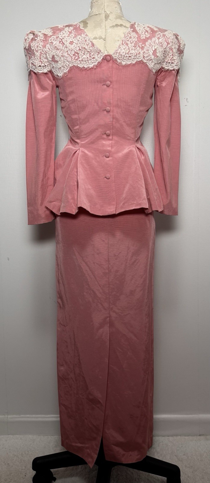 Vtg 80s Watters & Watters Pink Lace Pleated Peplum Maxi Skirt Formal Set XS/S