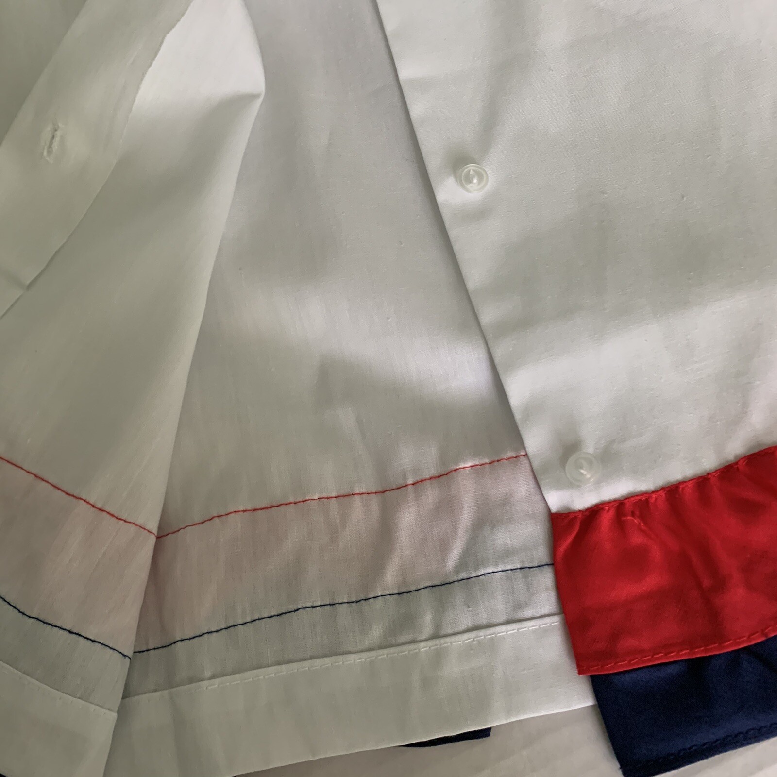 Vintage 50s 60s White Cotton Blouse Button Back Cropped Red White Ruffles Sz 38
