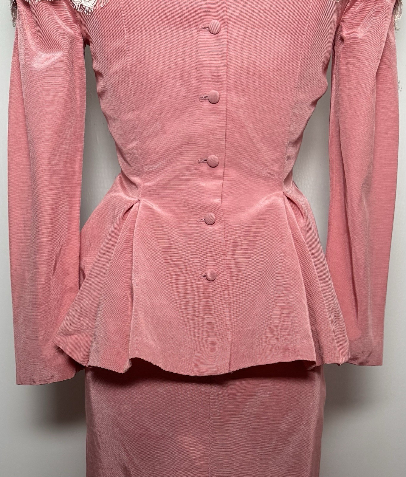 Vtg 80s Watters & Watters Pink Lace Pleated Peplum Maxi Skirt Formal Set XS/S