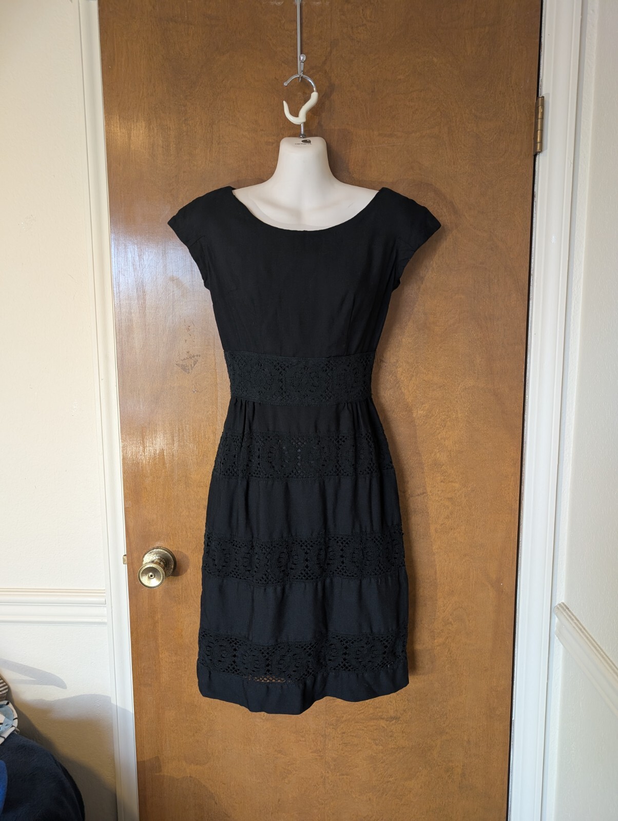 Vintage 1950s 60s Minx Modes XS Small Black Cotton Lace Casual Day Dress