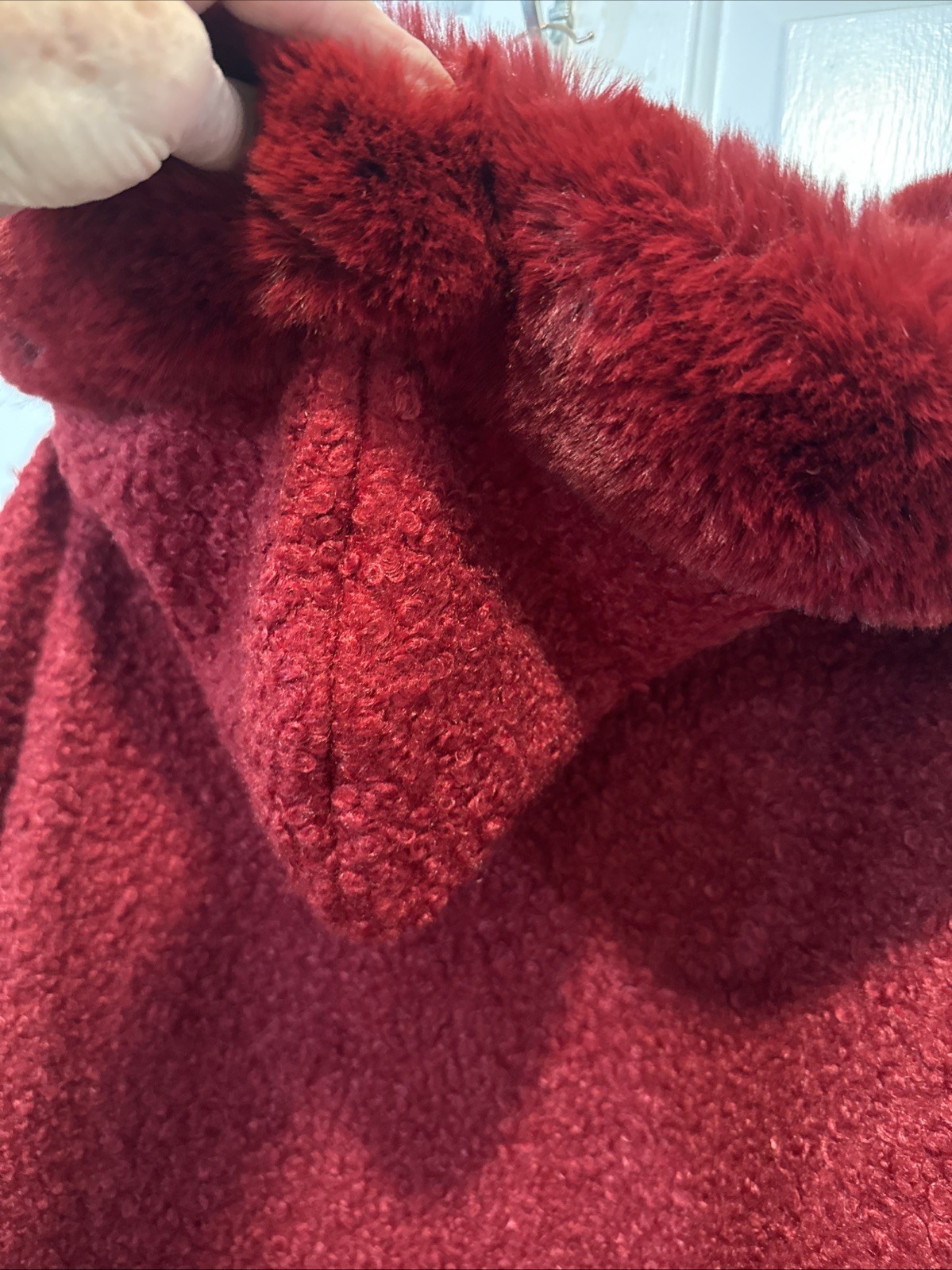 Cranberry Red Bouclé Cardigan Luxury Faux Fur Bouclé Cape Cotton Wool Blend OS