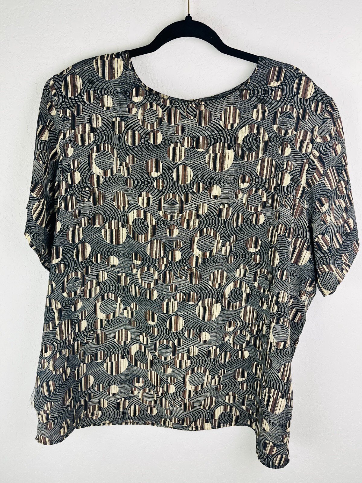 Vintage Truffles Abstract Print Blouse Black Brown Beige Geometric Short Sleeve