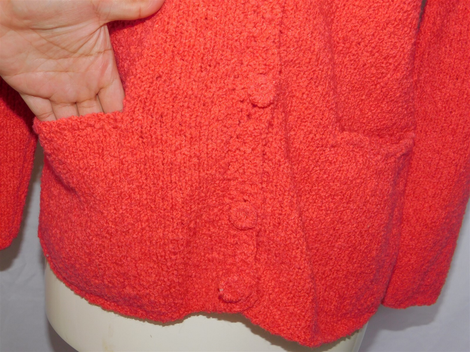 Vtg Knit Hot Pink Boucle 2 Pc Cardigan Short Sleeve Dress Set Outfit 1960s